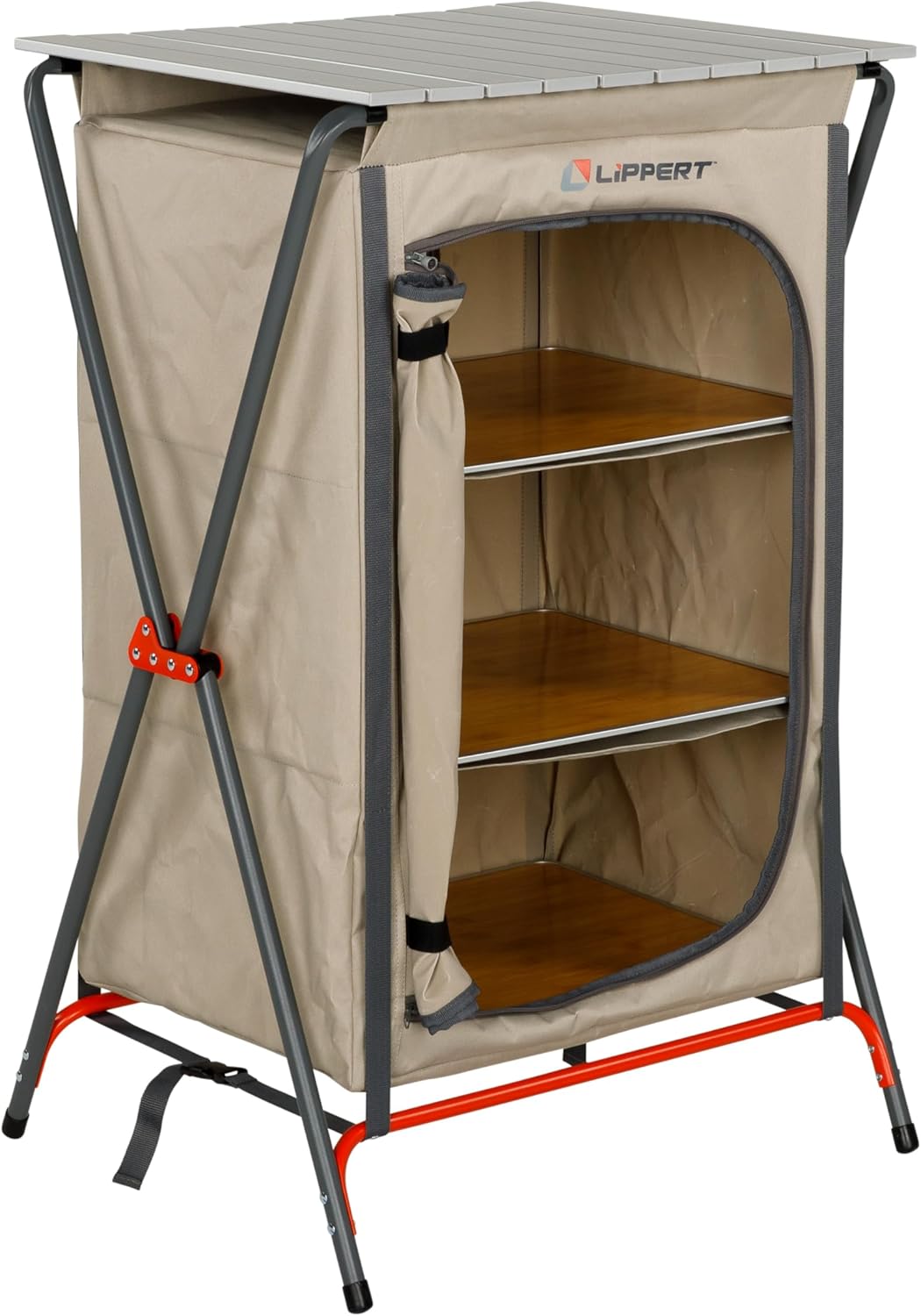 Lippert Sand Outdoor Folding Camping Pantry with Three Storage Shelves, 600D Polyester Fabric, Powder-Coated Steel Frame, Aluminum Slat Top, Collapsible Design - 2023053723