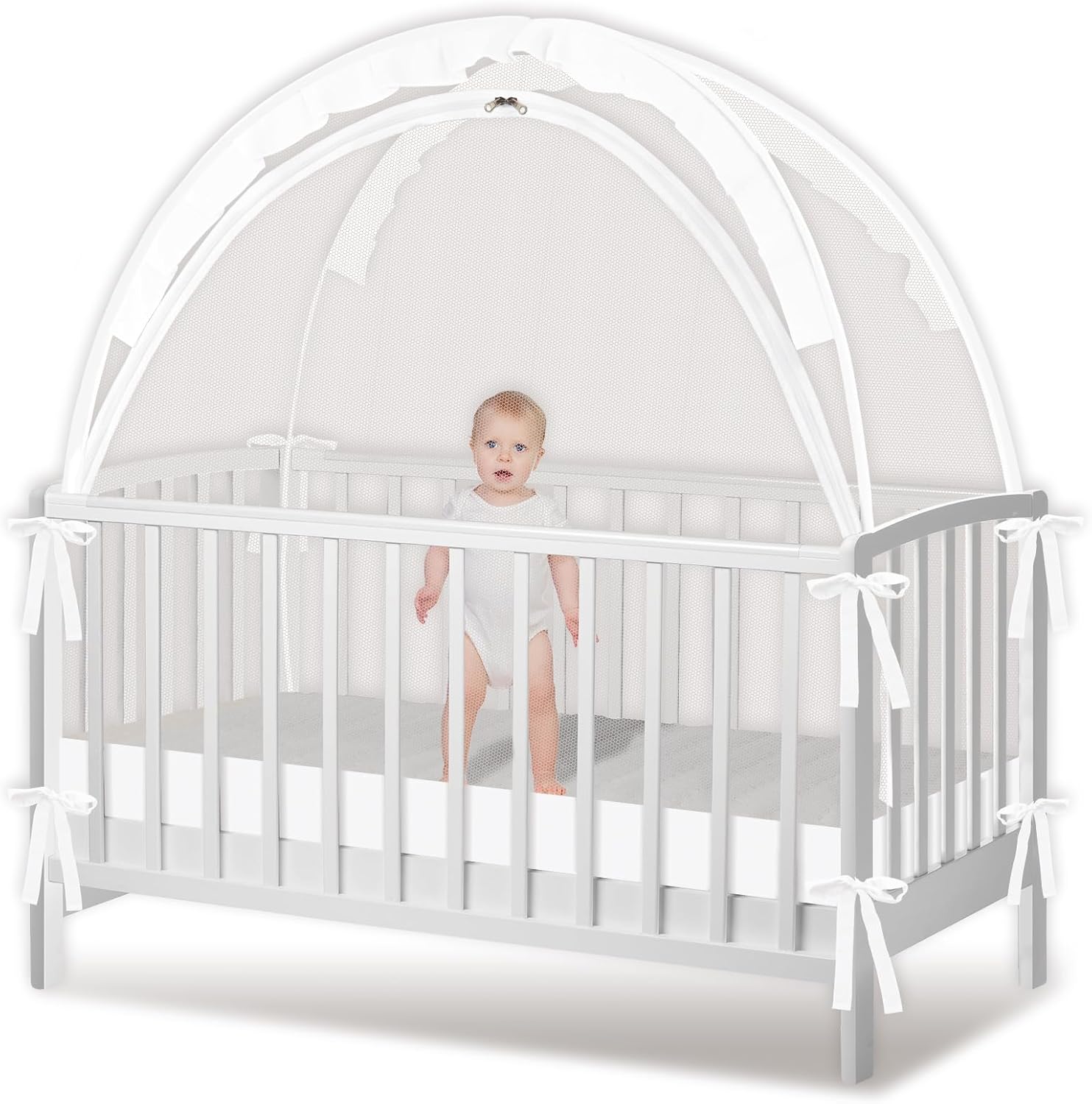 Crib Tent - Crib Net to Keep Baby in, Stop Baby from Climbing Out of Crib, Pop Up Baby Crib Tent with Double Zip Strong Rods and Breathable Net Clear Visibility Easy to Install (White, Large) White Large