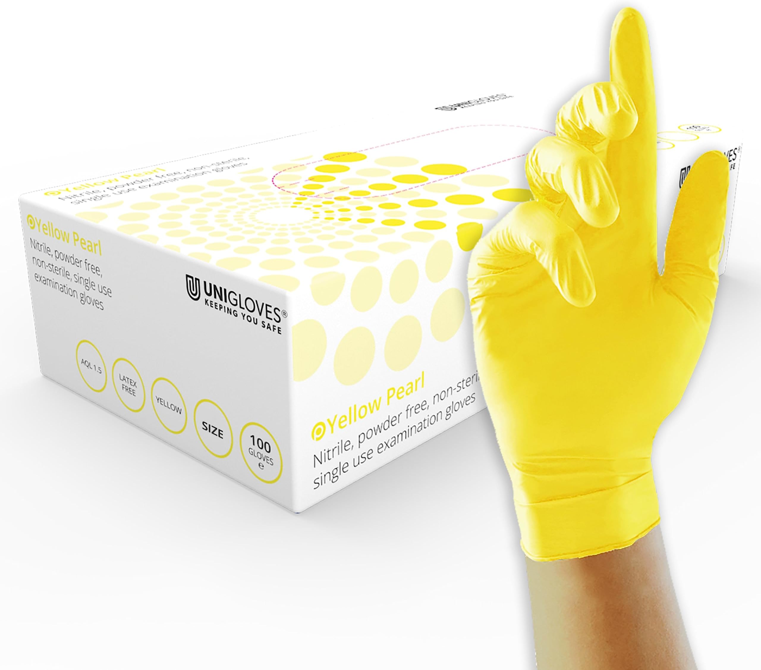 Yellow Pearl Nitrile Examination Gloves - Multipurpose, Powder Free and Latex Free Disposable Gloves - Box of 100 Gloves, Yellow, Medium (GP0113)