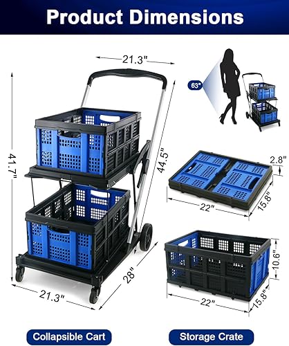 Miniatura 2 de Carros plegables funcionales multiusos, carrito plegable de 2 niveles con ruedas, carrito de compras con 2 cajas de almacenamiento, carrito plegable