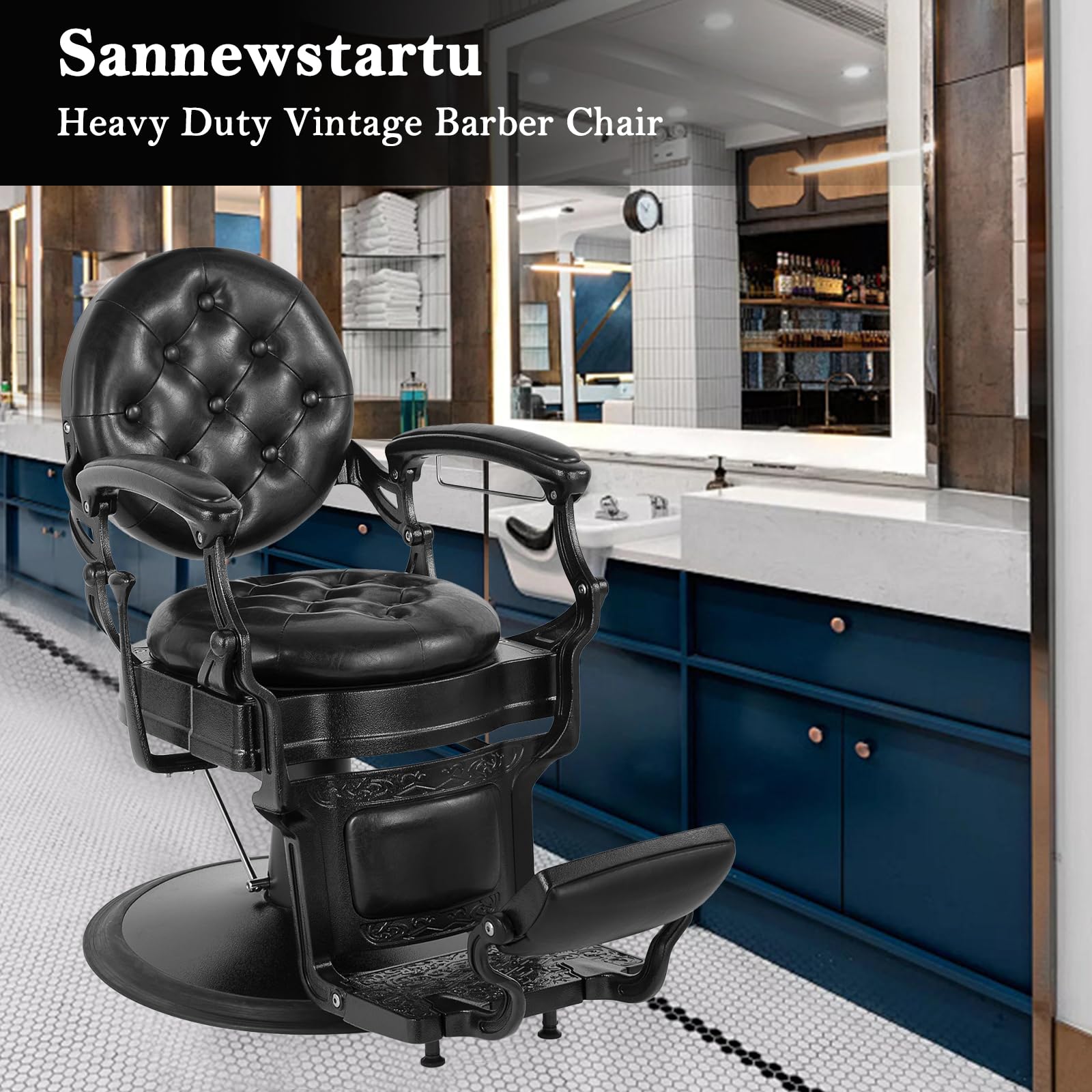 Sannewstartu Vintage Barber Chair - Heavy Duty Hydraulic Recline Styling Chair with Rounded Cushioning, Adjustable Salon Chair for Barber Shop, Beauty Spa, Black