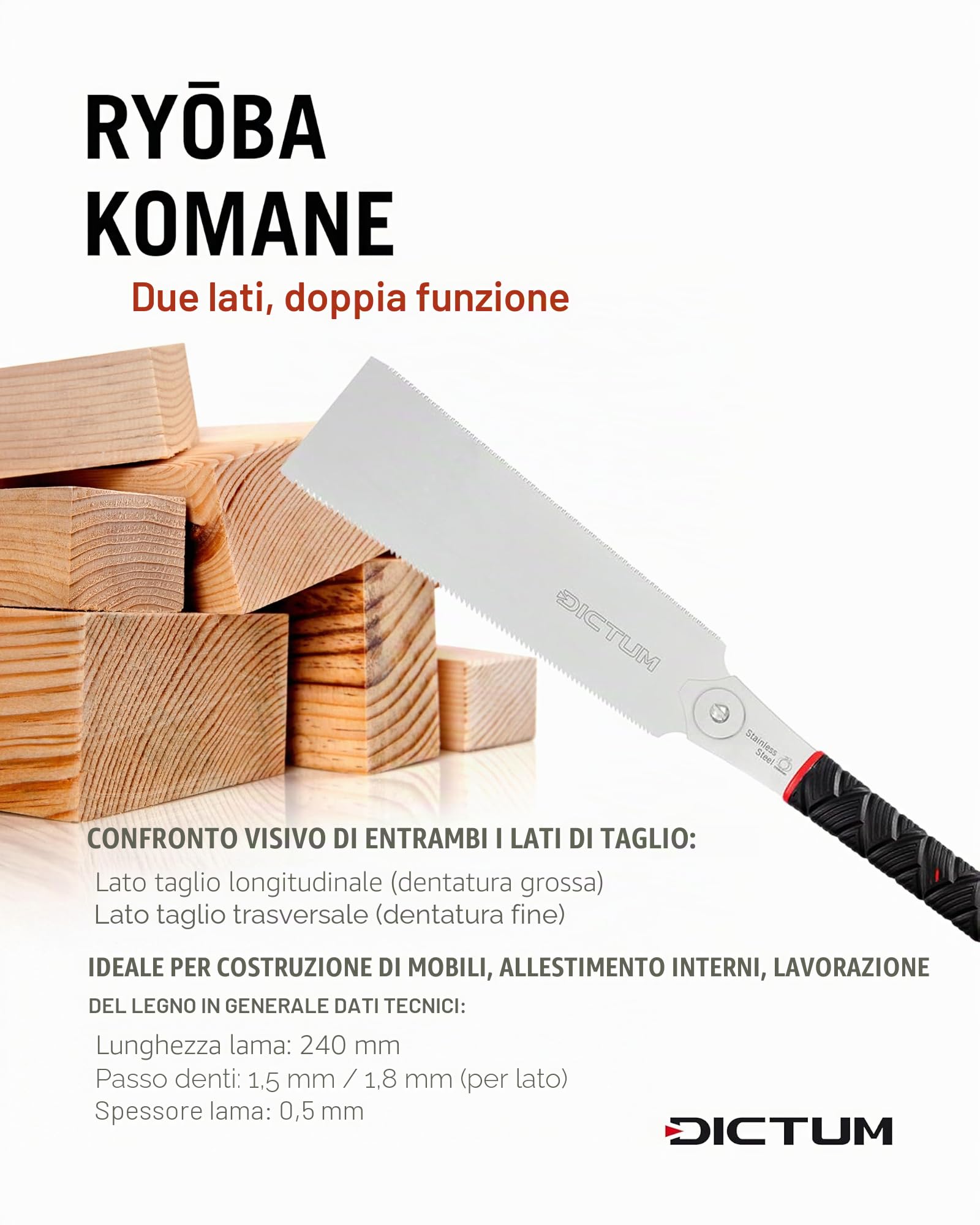 DICTUM Set di 3 seghe giapponesi – Dozuki, Kataba & Ryoba | Set professionale con Power Grip | sega giapponese originale e sega di precisione per lavori precisi