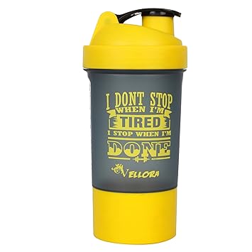 VELLORA Compact Shaker Bottle | Sipper Bottle for Adults, Kids, Boys & Girls| Gym Protein Shaker Bottle | 2 in 1 Bottle With Detachable Storage Container| BPA free material, Leak Proof| Orange Yellow, Pack of 1
