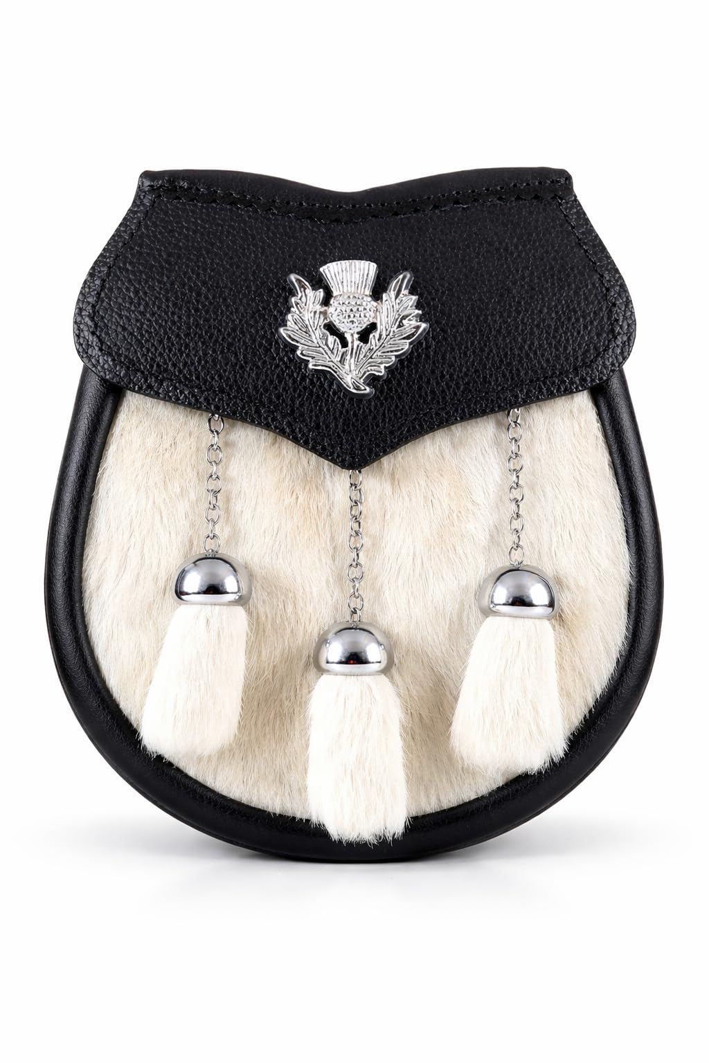 KSUC Cowhide Leather Scottish Kilt Sporran With Three Tassels & Thistle Badge.