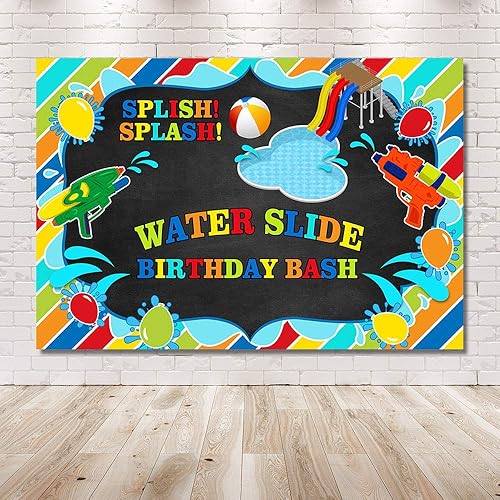 Miniatura 7 de MEHOFOND Tobogán acuático para niños, telón de fondo de fiesta de cumpleaños, salpicaduras, pizarrón, fiesta, verano, piscina, pistola, fondo,