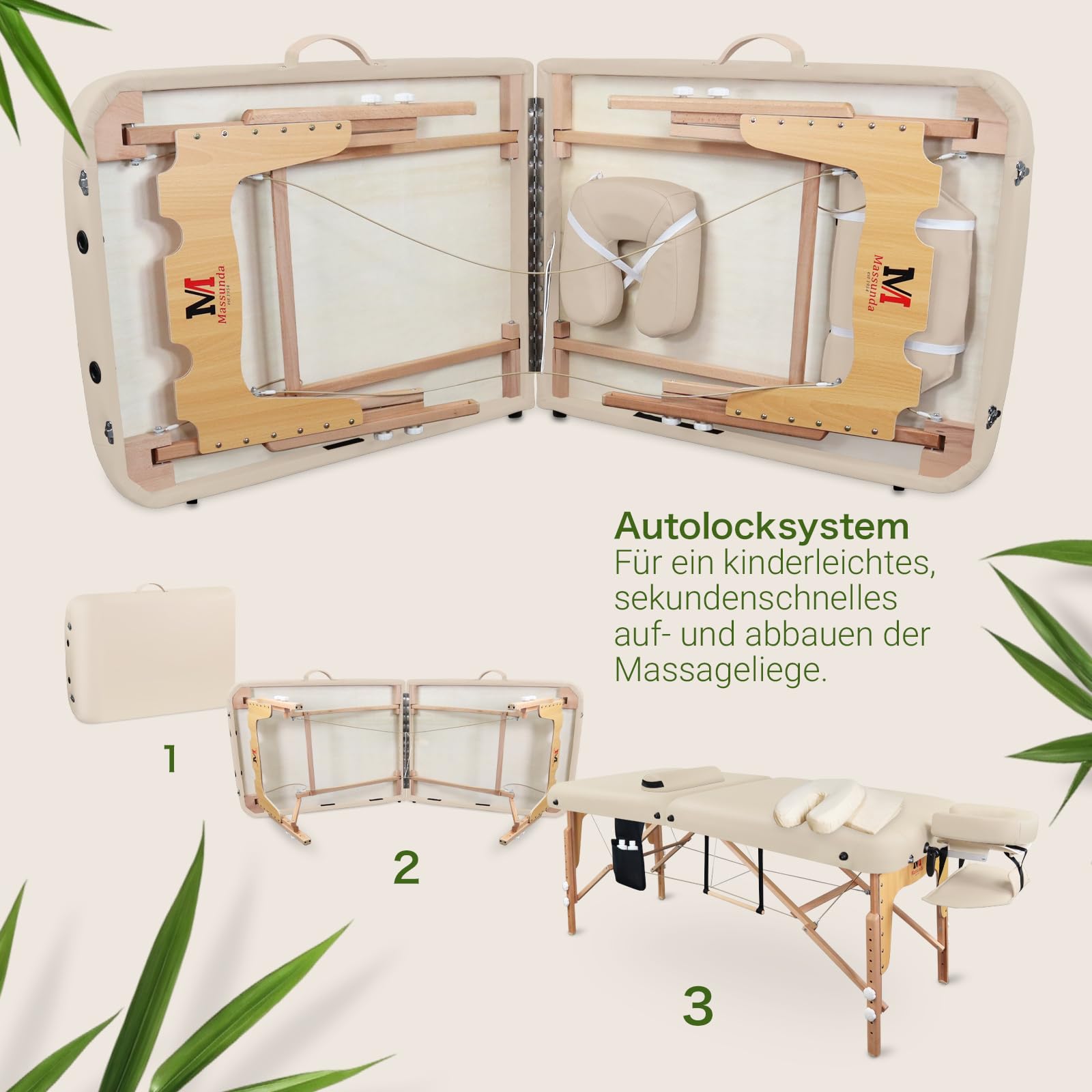 MASSUNDA – Mobile Comfort Deluxe Massageliege klappbar & höhenverstellbar – EXTRA breiter Massagetisch aus Vollholz – Massagebank mit ergonomischer Kopfstütze, Bezug, Armlehne, Kissen (Creme)