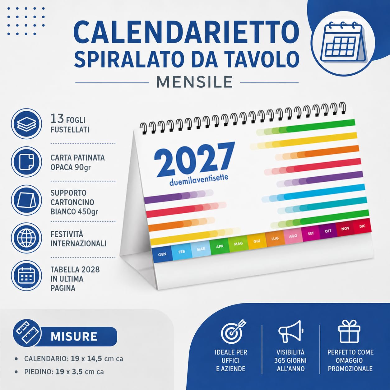 Calendari Personalizzati 2027 da Tavolo Classici Stock da 100 Pezzi Spiralati Illustrati per Gadget Pubblicitari di Fine Anno e come Omaggio per i Clienti o Regali Aziendali PA744