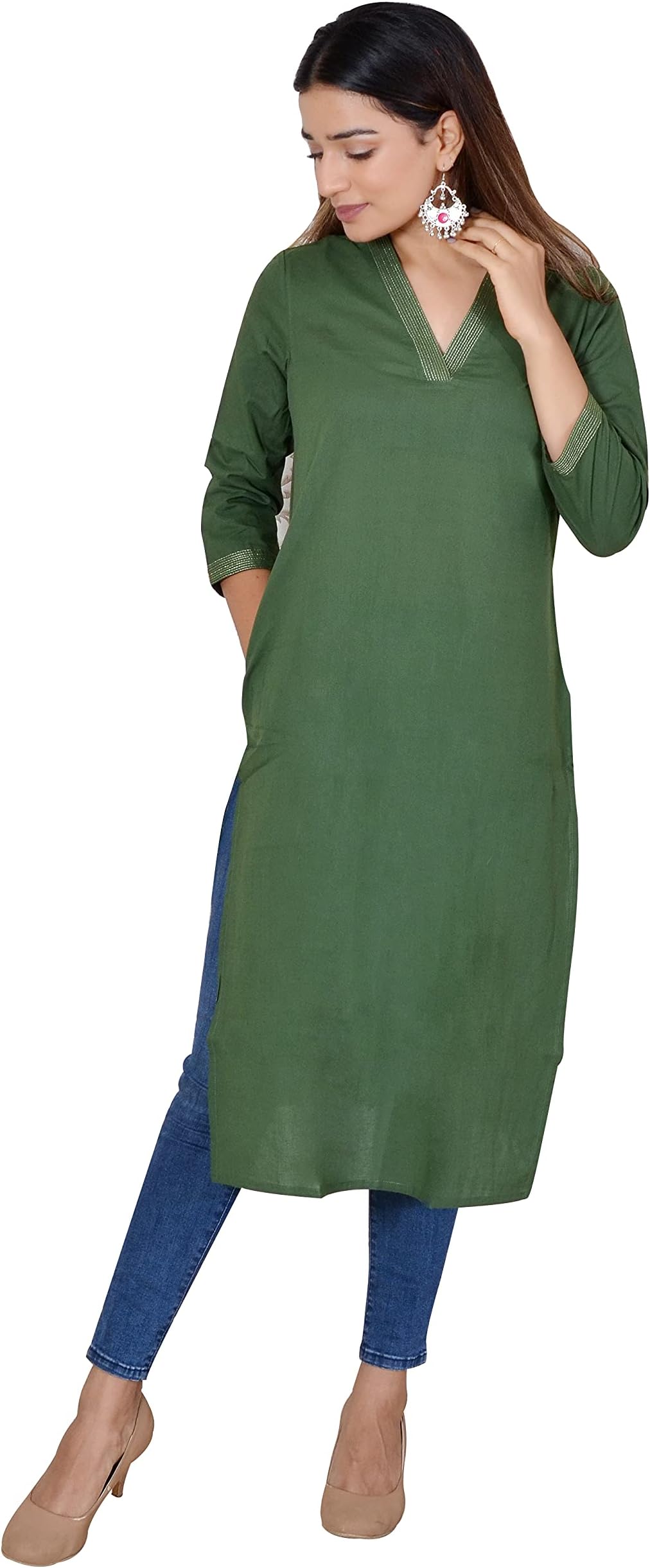 Women' Cotton Long Kurta V Neck (CKUP000V-1)
