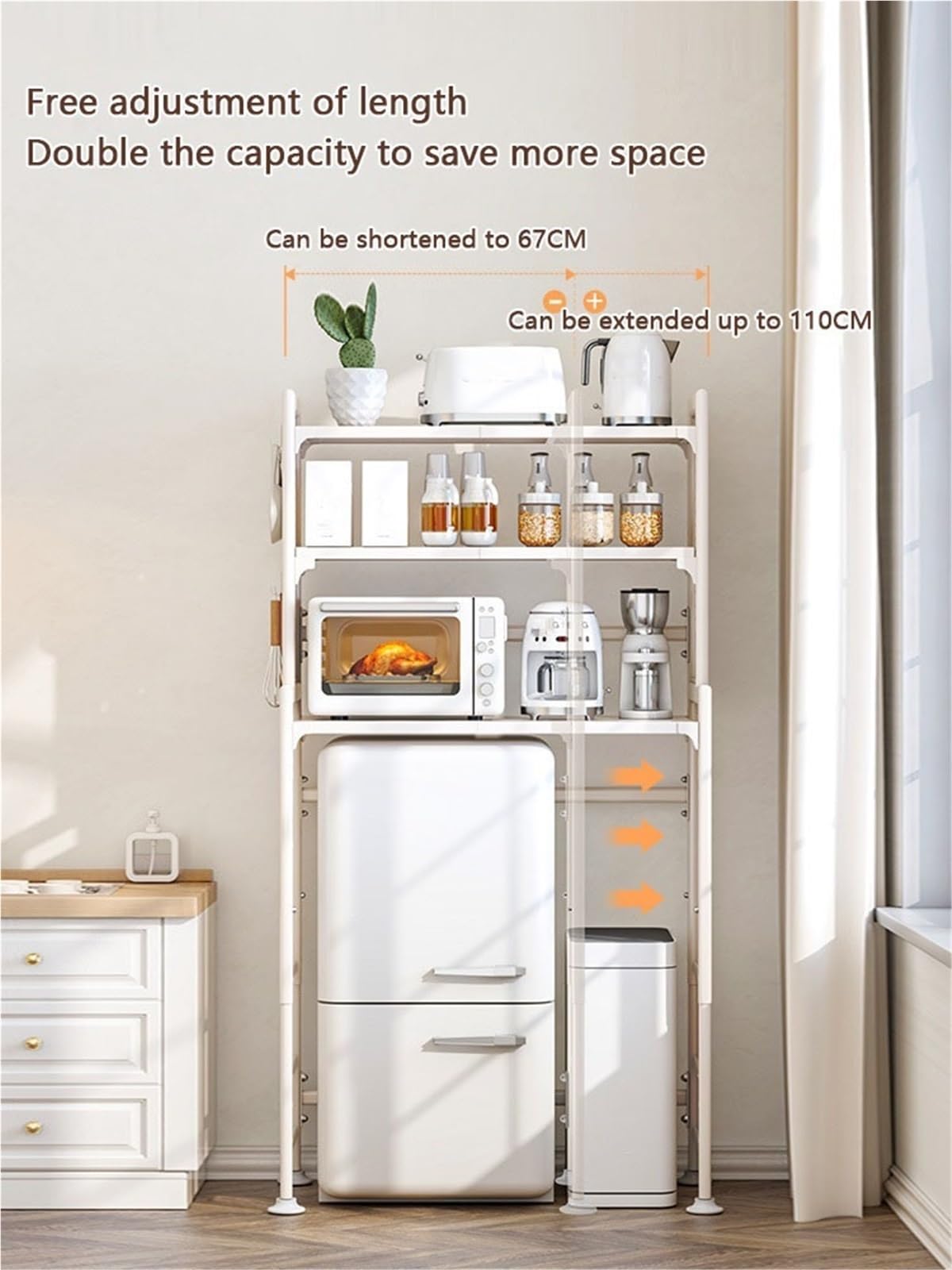Mini estante expandible de 3 niveles para nevera, estante de almacenamiento de microondas y refrigerador de altura ajustable para organización de cocina, diseño resistente (blanco, se adapta a menos
