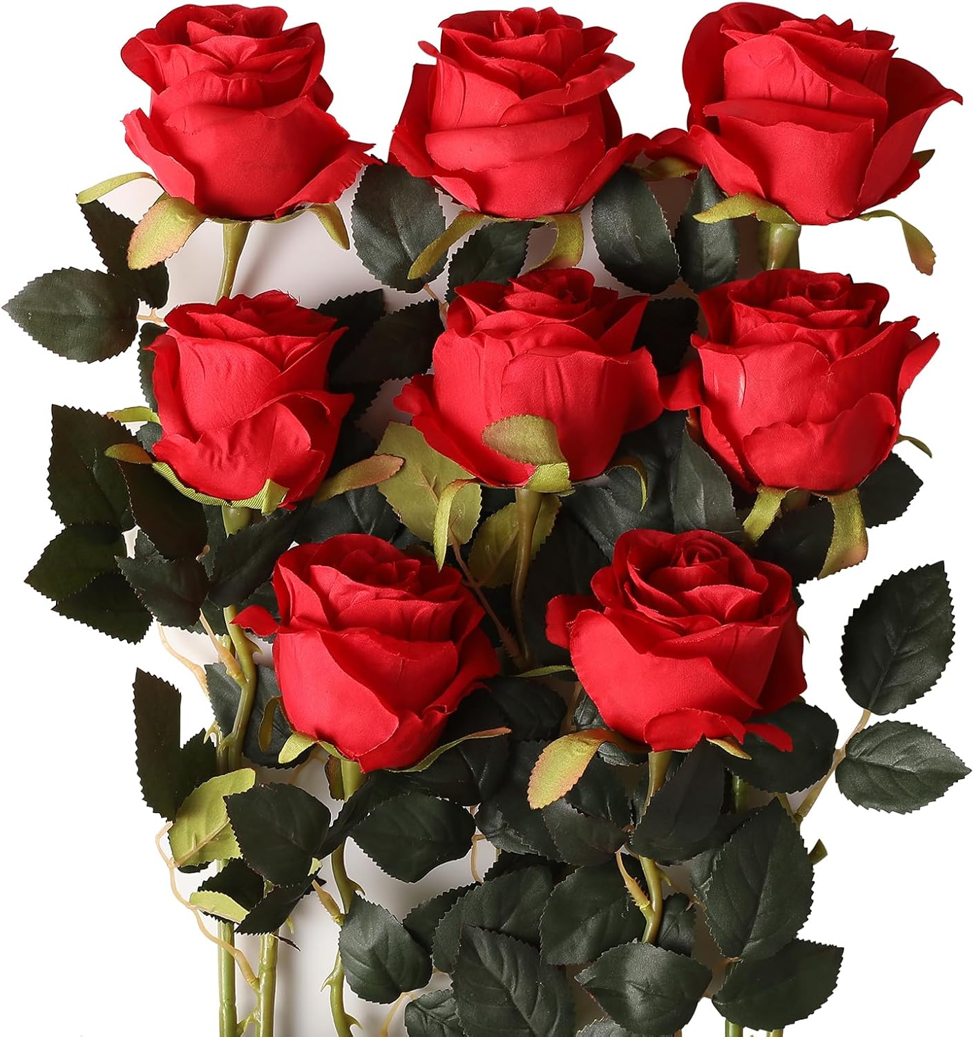 Tifuly 8 Pcs Red Roses Artificial Flowers Bulk,Realistic Long Stem Fake Silk Roses Bouquet for Wedding Centerpiece Table Vases Party Home Kitchen Decor Big Red