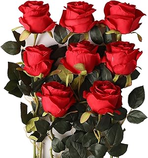Tifuly 8 Pcs Red Roses Artificial Flowers Bulk,Realistic Long Stem Fake Silk Roses Bouquet for Wedding Centerpiece Table Vases Party Home Kitchen Decor