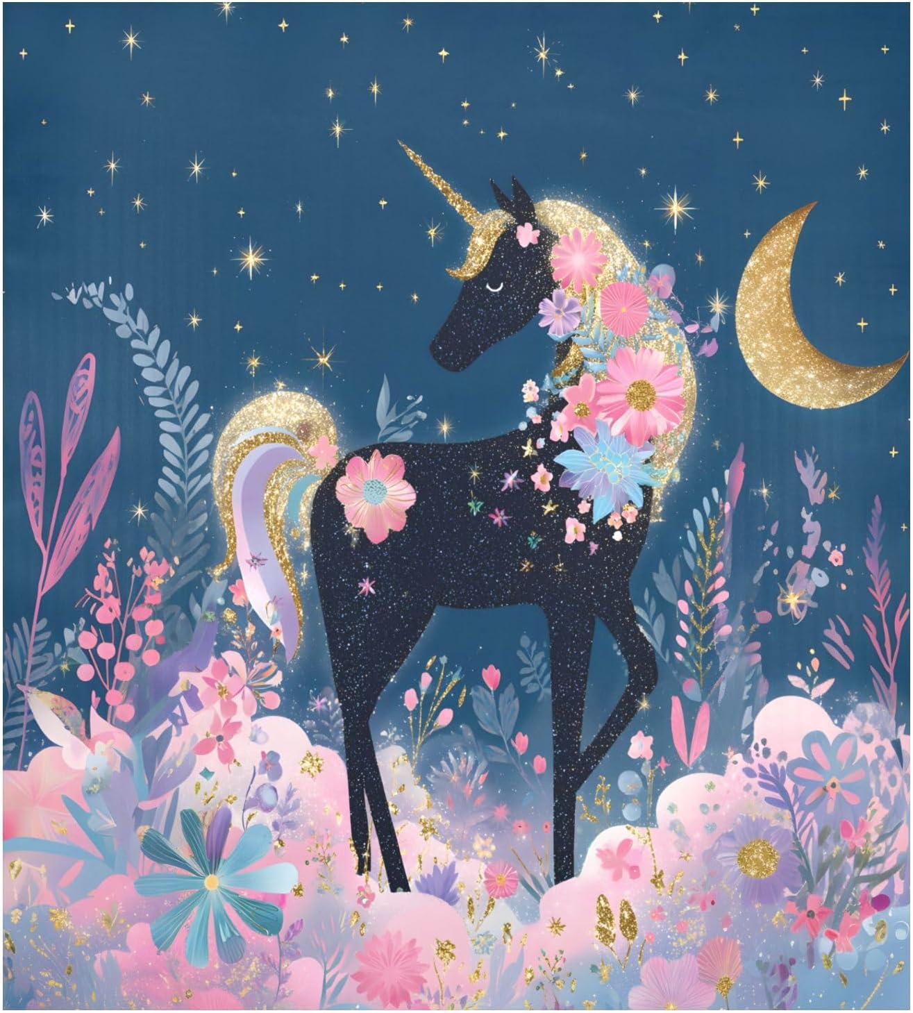 Dishwasher Magnet Cover Large Magnetic Stickers Black Unicorn Flowers Front Dishwasher Cover for Home Kitchen Refrigerator Decorative Lid