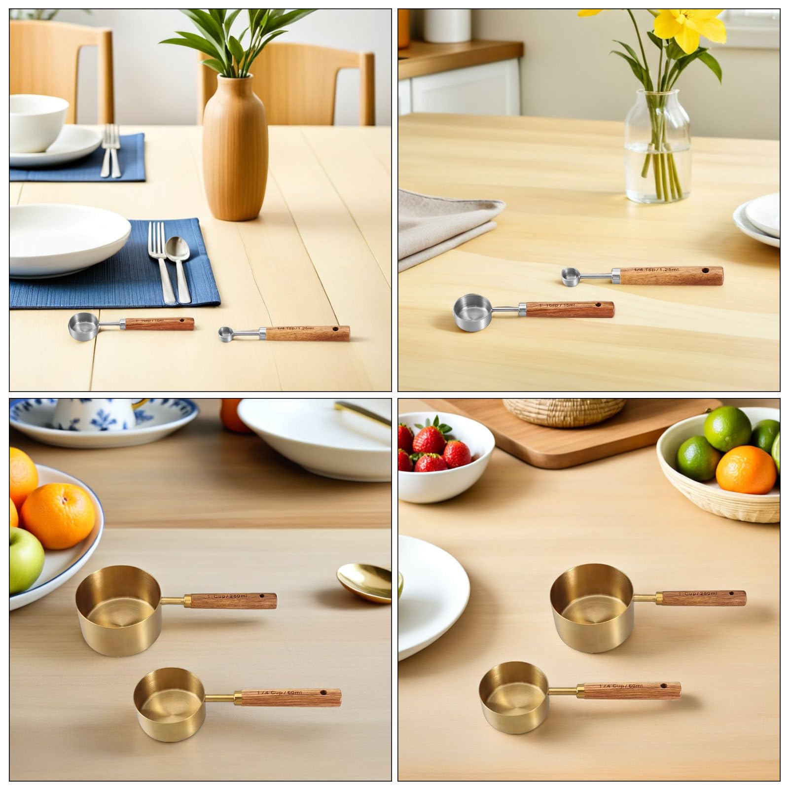 Juego de 8 Cucharas Medidoras y Tazas de Acero Inoxidable con Mango de Madera para Cocina y Repostería, Medición Precisa y Durabilidad Excepcional