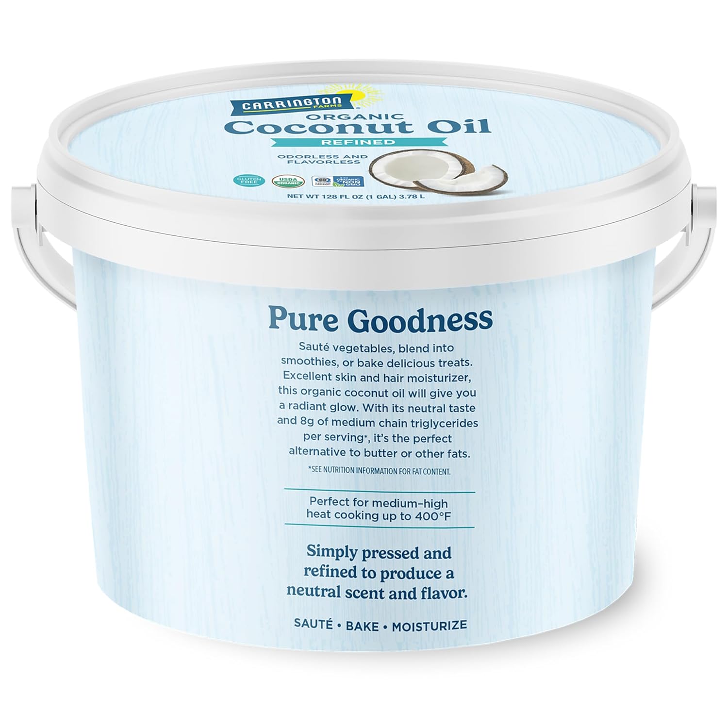 Carrington Farms Organic Refined Coconut Oil, 1 Gallon, Cold-Pressed, Non-GMO, Gluten-Free, Perfect for Cooking, Baking, Skin Care, Hair Oil, MCTs, 128 fl oz – Nutrient-Rich, No Trans Fats