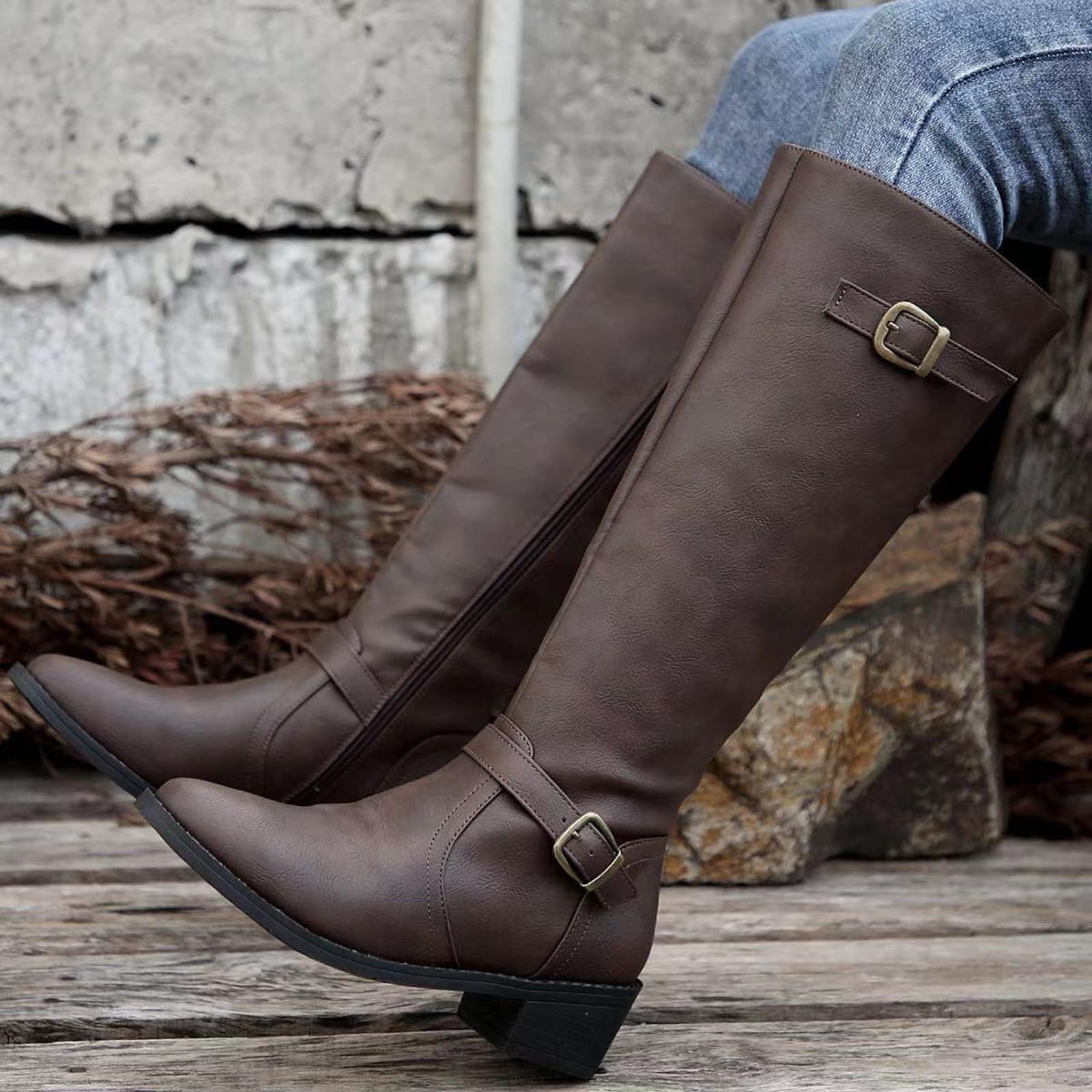 Bottes Hautes Genou pour Femme Style Britannique en Cuir avec Boucle décorative latérale Fermeture éclair Dashion Tube Long