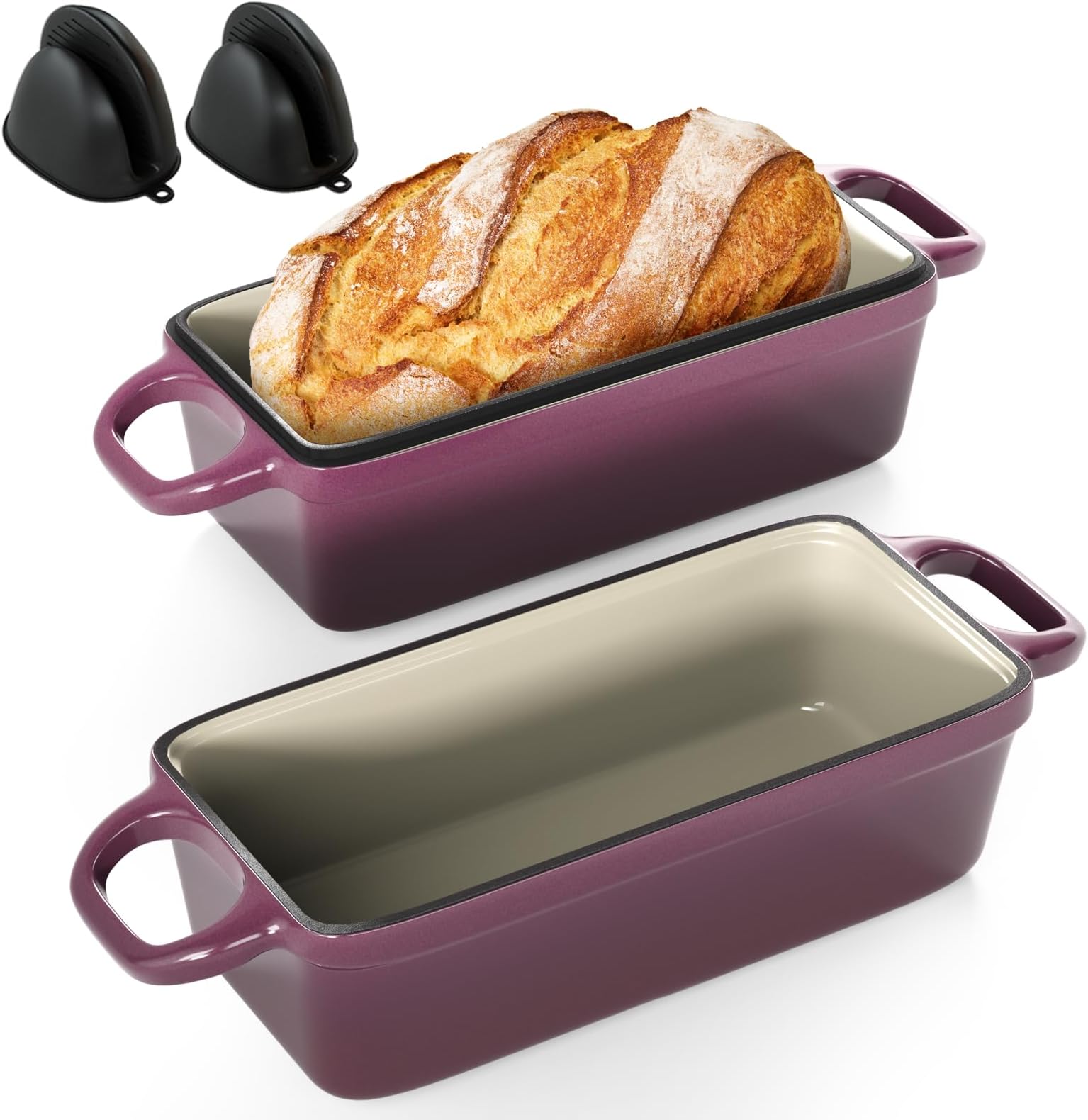 2 IN 1 Cast Iron Bread Loaf Pan with Lid, 3.4QT 9x5 Inch Dutch Oven for Bread Baking, Even Heating Bread Oven, Enameled Bread Pan for Homemade Sourdough Bread Baking & Versatile Cooking, Purple