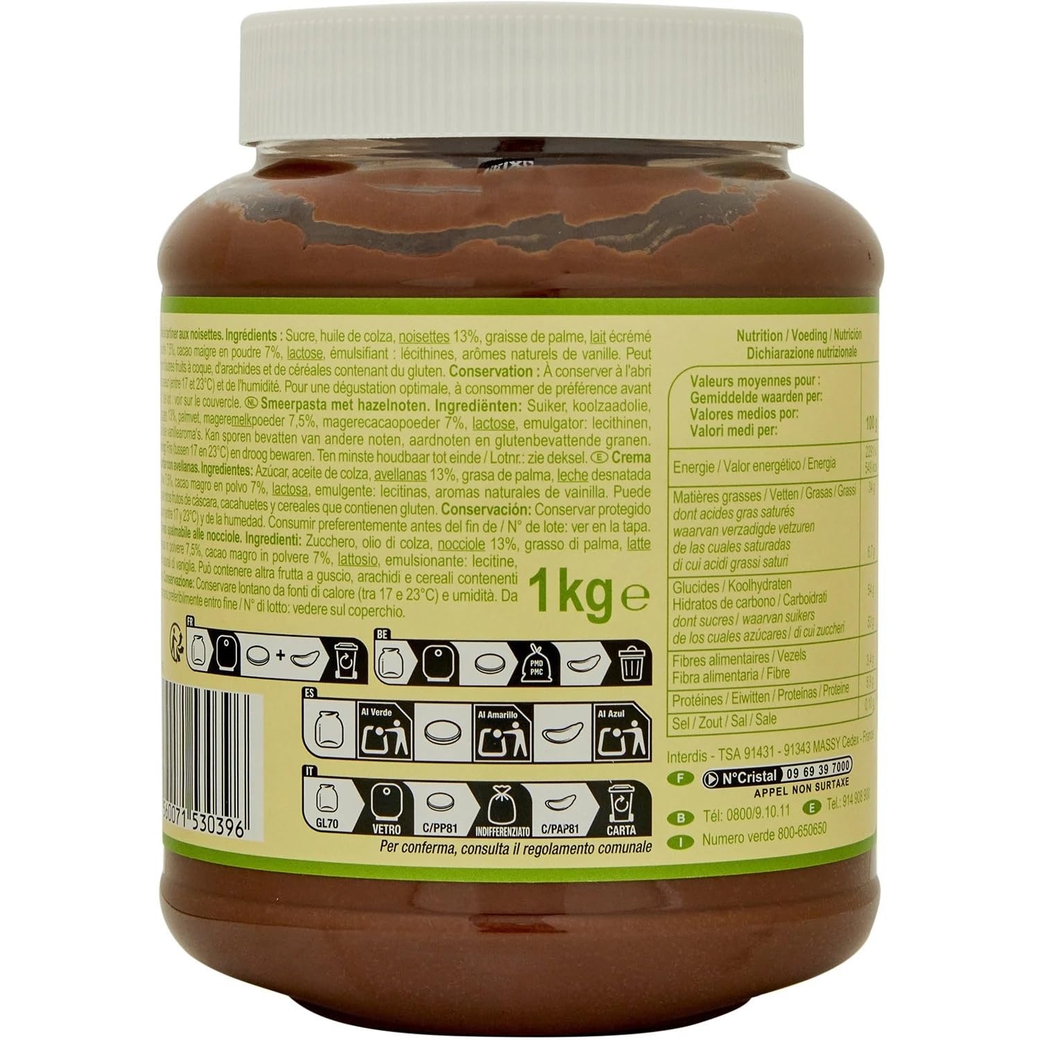 CARREFOUR CLASSIC' - Pâte à Tartiner Noisettes - 13% de Noisettes - le pot de 1 kg - Le Lot De 3