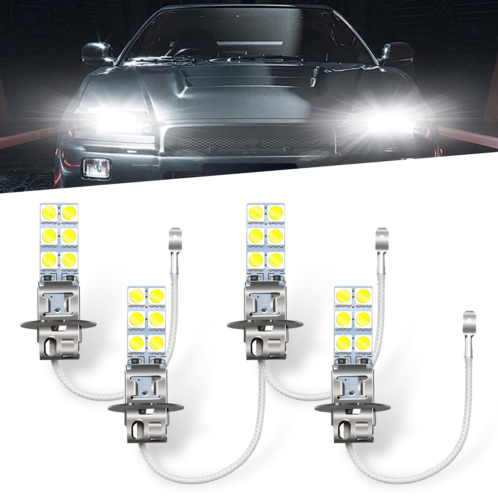 Sumjig 4 PCS H3 Car LED Fog Light, 5050-12SMD 55W 6000K 12V AC Anti-fog Super Penetrating Light, 360-degree No Blind Spot Lighting Accessories, Compatible with Most Car Models (White)