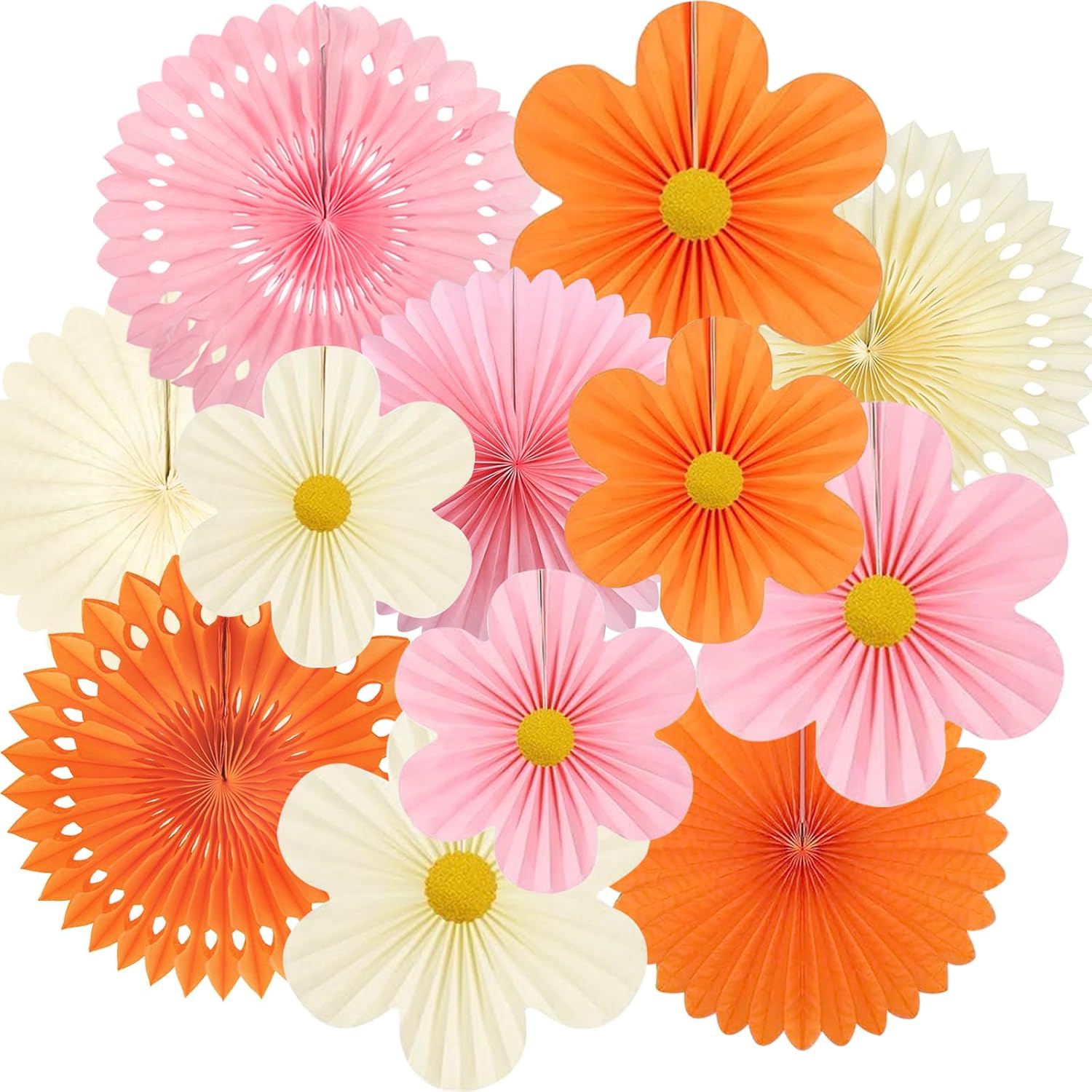 ADLKGG Orange Pink Floral Wall Backdrop, Groovy Sunset Party Decorations | 12 Pcs Paper Flowers Fans for Birthdays, Little Cutie Celebrations, Boho Baby Shower, Classroom Decor