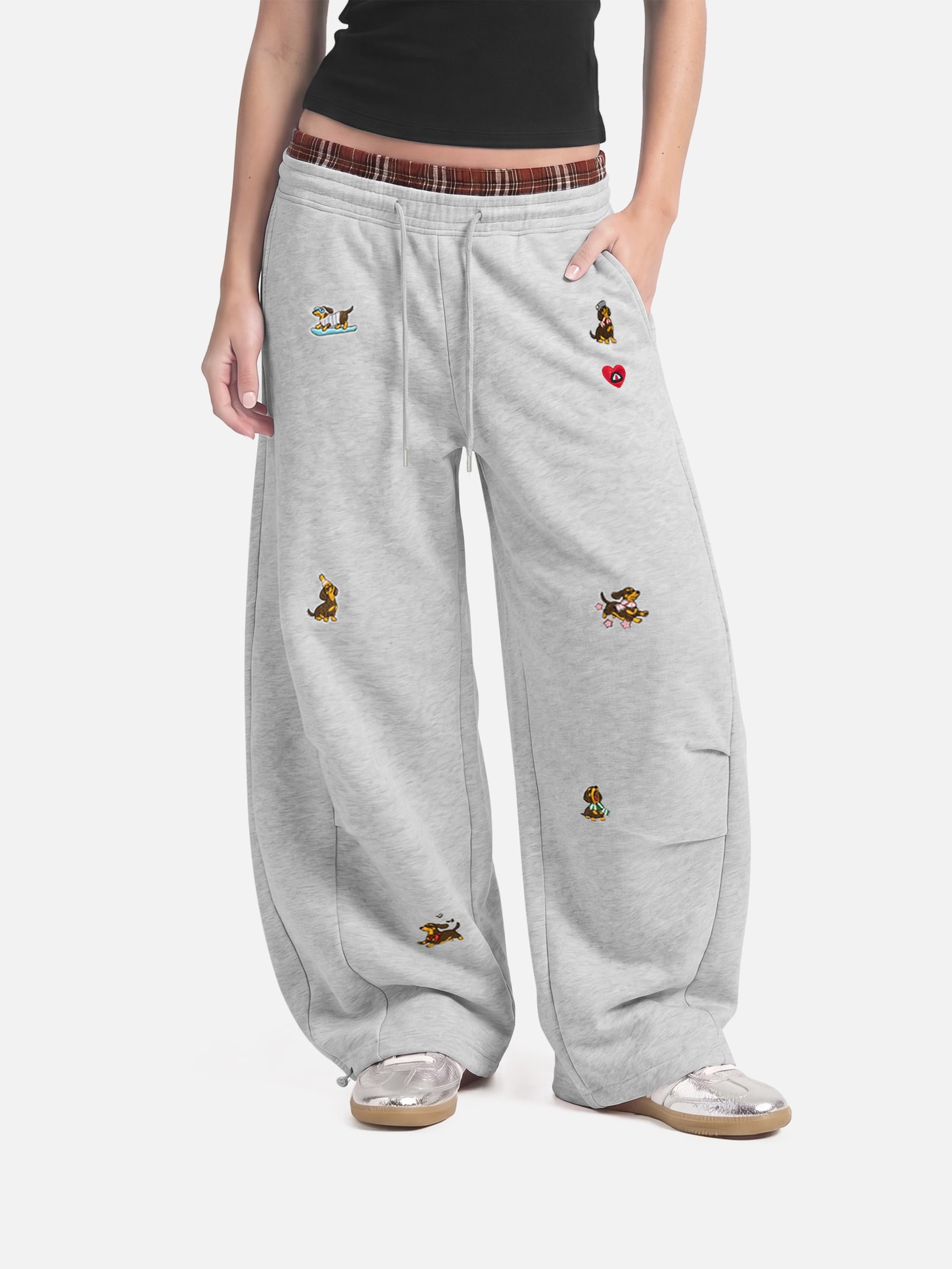 Aelfric Eden Dackel Jogginghose Herren Baggy Lang Sporthose Damen Karierte Patchwork Freizeithose Unisex Sweathose High Waist Casual Hose mit Taschen Graphic Sweatpants Weites Bein