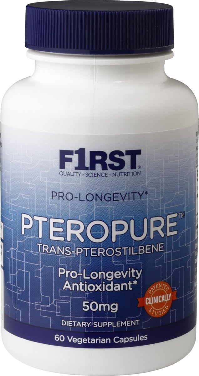 F1RST® pTeroPure® Pro-Longevity Antioxidant. Fights Free Radicals Supports Healthy Cellular Aging. Superior Form of Resveratrol. Greater Cellular Uptake. 50mg 60 Vegetarian Capsules.