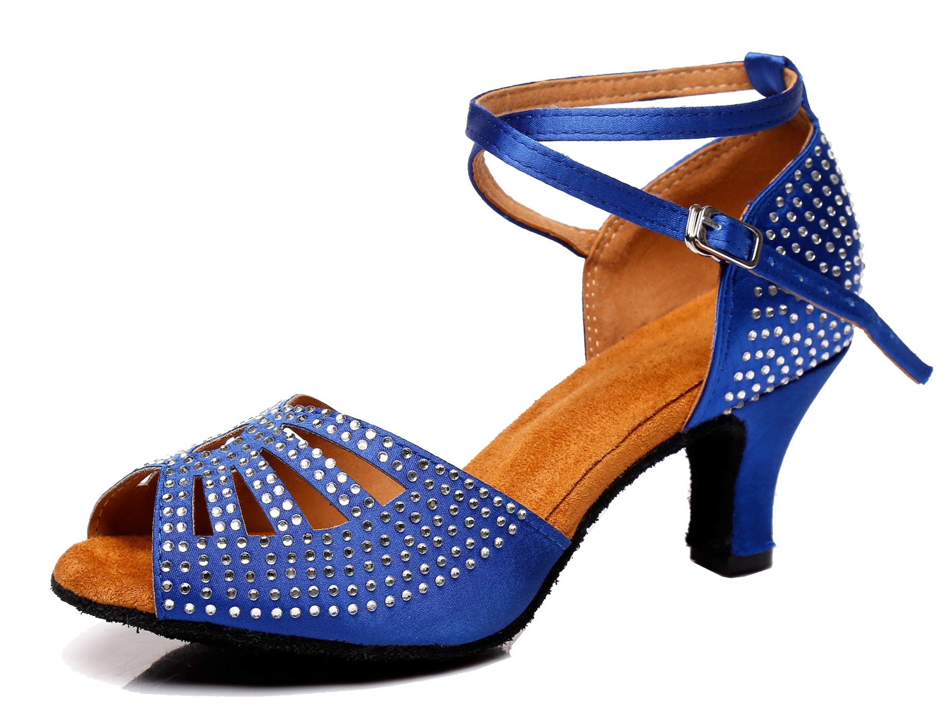 Minishion Women's Latin Salsa Sparkle Crystals Low Heel Satin Tango Dance Shoes Wedding Sandals L399 Blue 6cm Heel US 7