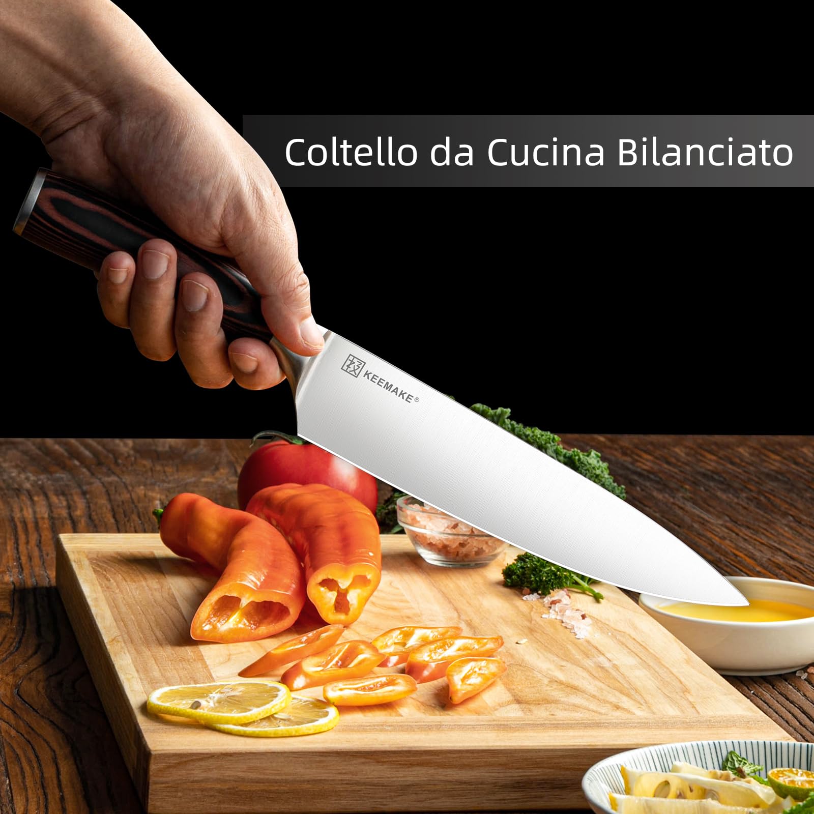 KEEMAKE Set Coltelli da Cucina Professionali - Coltelli da Cucina in Acciaio Inossidabile 5 pezzi, Spelucchino Coltello Santoku Chef Pane Universale, Manico in Pakkawood