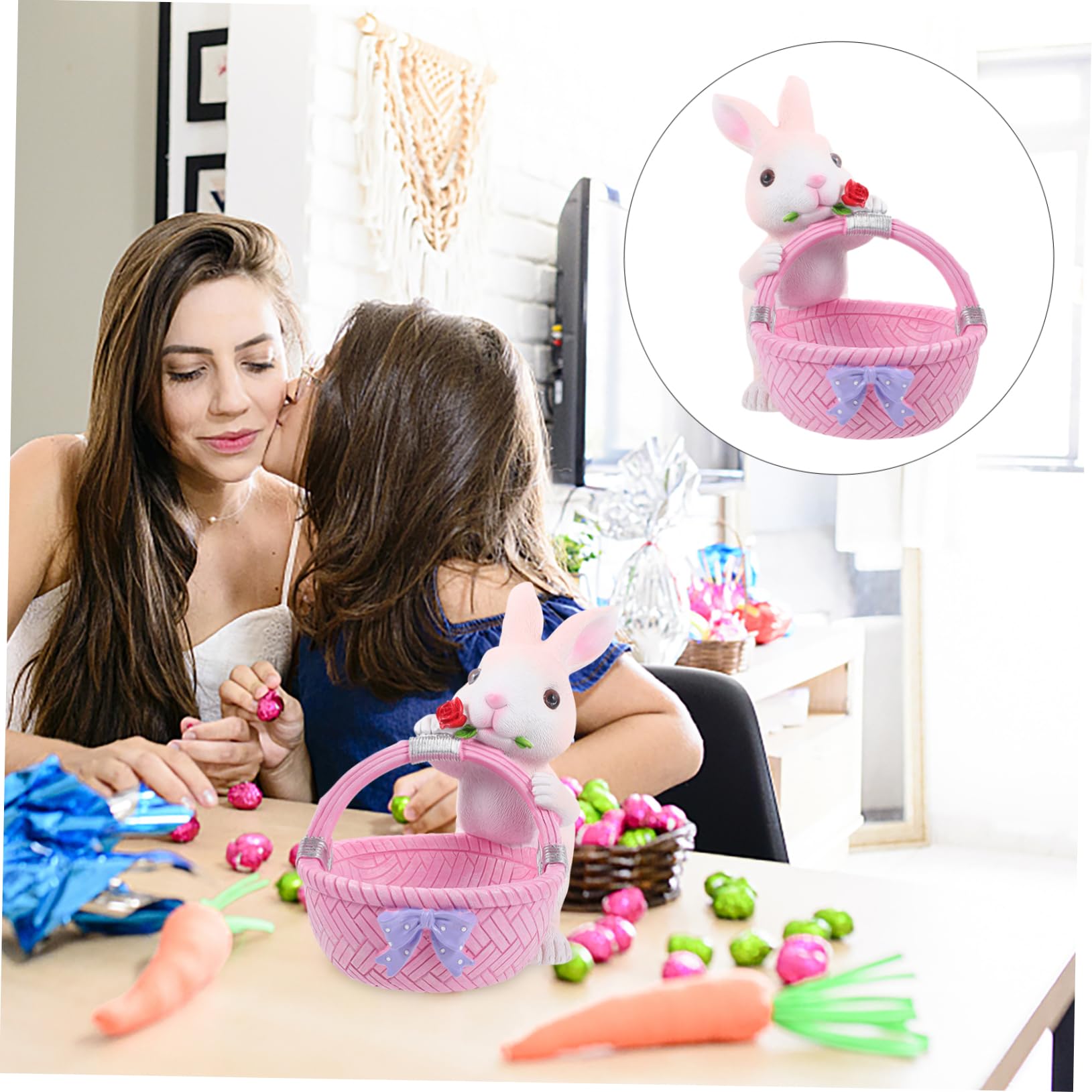 Amosfun Decorazione Coniglietto Pasquale in Resina a Forma di Cestino, Soluzione Salvaspazio e Ornamento Casa Adorabile per Festa di Pasqua