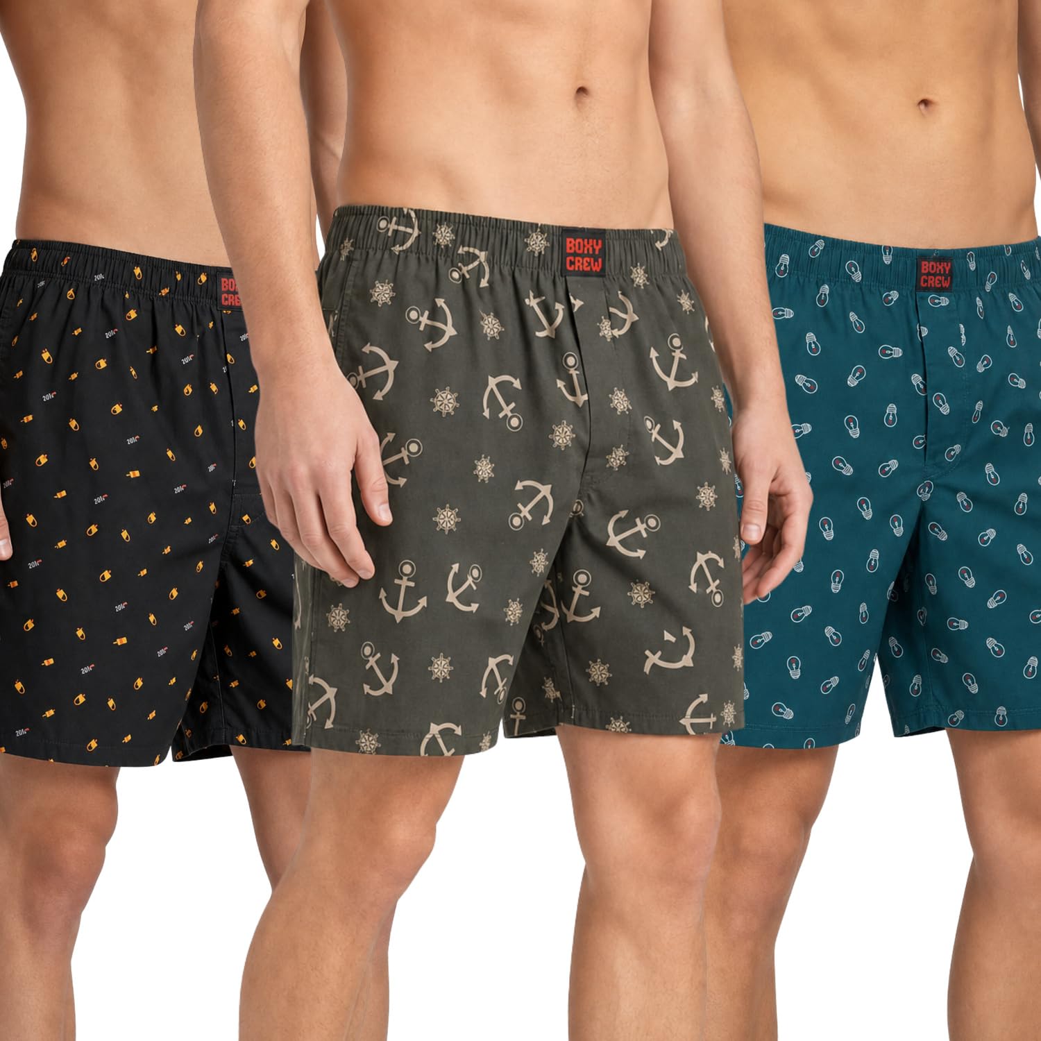 Men's 100% Cotton Printed Boxer Shorts Pack of 3 with Dual Side Pockets and Fabric-Covered Waistband - Black/Olive/Teal, Styles MBX016, MBX020, MBX027-picture-35