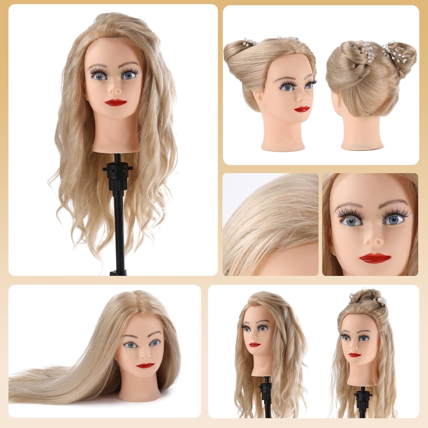 24 Inch Mannequin Head 70% Human Hair with Stand,Real Hair Mannequin Head for Braiding,Cosmetology Manikin Doll Head for Styling with Mannequin Head Stand Table Clamp Hair Braiding Set