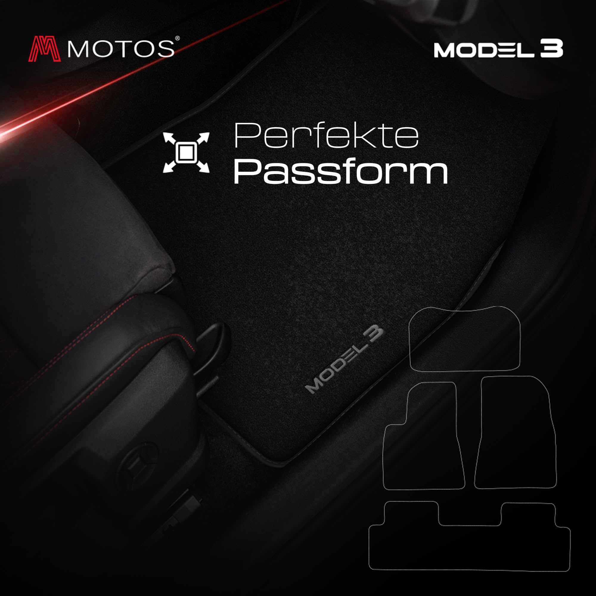 M MOTOS Personalizowane welurowe dywaniki podłogowe do Tesla Model 3 od 2017 - Premium, Mat, szary - utrzymuj swój samochód w czystości i komforcie dzięki naszym dywanikom podłogowym