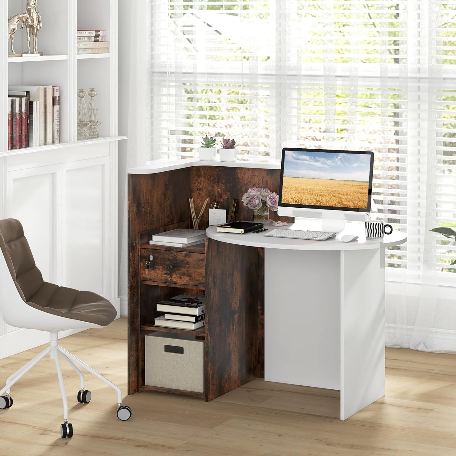 Giantex Reception Desk, Front Counter Desk with Lockable Drawer, Checkout Table with Round Tabletop, Corner Shelf & Adjustable Shelf for Office Beauty Salon Retail Store (Brown & White)