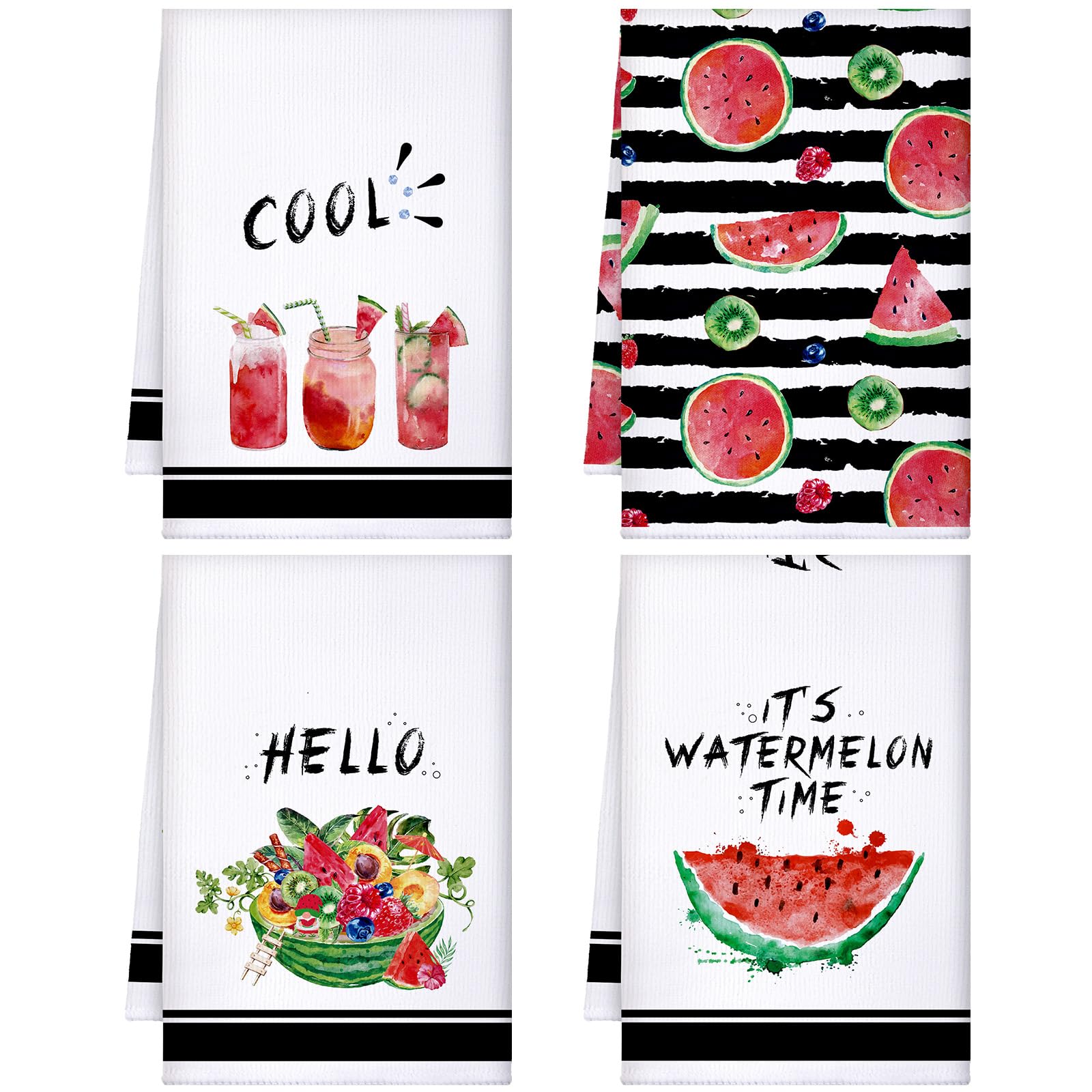 Honoson 4 Pieces Watermelon Kitchen Towels Summer Farmhouse Decorative Dish Towel Watermelon Absorbent Plaid Tea Washcloths for Summer Kitchen Cooking Home Cleaning Decor