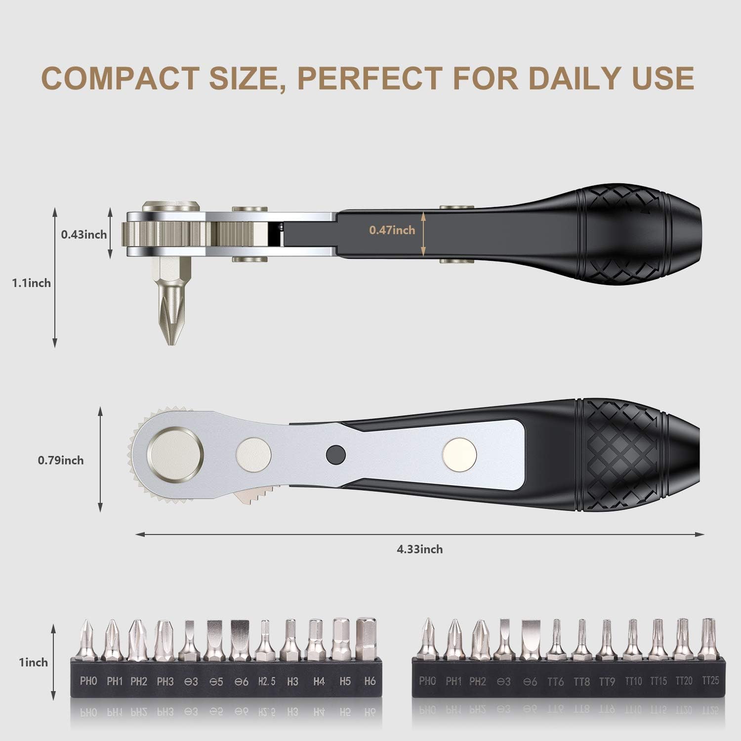 Promo 40% OFF GreaTalent 25in1 S2 Steel Mini Ratchet Wrench Screwdriver Bit Set with 1/4 Hex Shank Phillips/Slotted/Hexagon/Torx Bits, 36-Tooth Gear, Magnetic Bit Holder, 90 Degree Offset Reversible Drive Handle