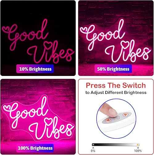 Miniatura 5 de Good Vibes - Letrero de neón para decoración de pared, regulable, alimentado por USB, luz de neón LED Good Vibes para fiesta y regalo (rosa, 15.3 x