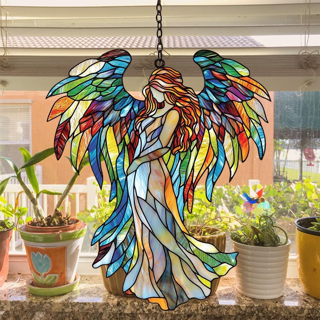 Rainbow Wing Angel Acrylic Suncatcher Stained Glass Effect Window Car Hanging Christmas Ornament Indoor Outdoor Decor Garden Sun Catcher Panel for Angel Lover for Women Mom Grandma
