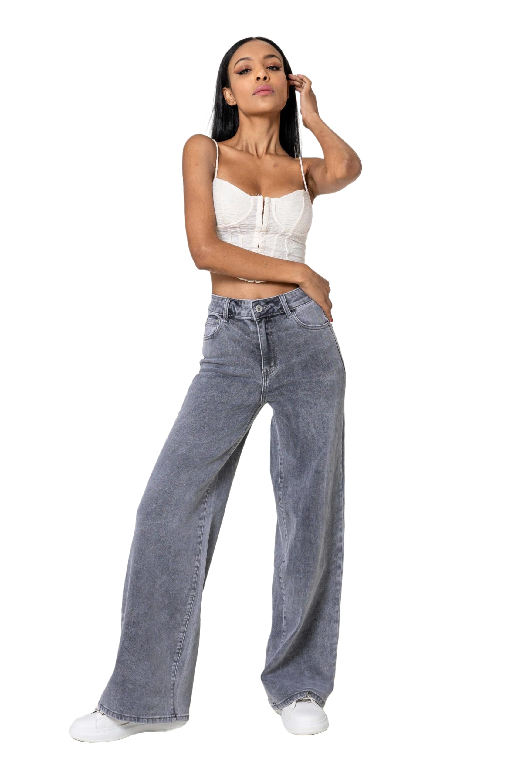 Nina Carter YY300 Pantalones vaqueros de cintura alta para mujer, pierna ancha, elásticos, aspecto desgastado
