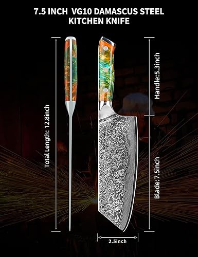 Miniatura 4 de Nakiri - Cuchillo de carnicero de 7.5 pulgadas, serie Xuan, cuchillo de cocina VG10 de acero de damasco, mango de resina (naranja fantasía)