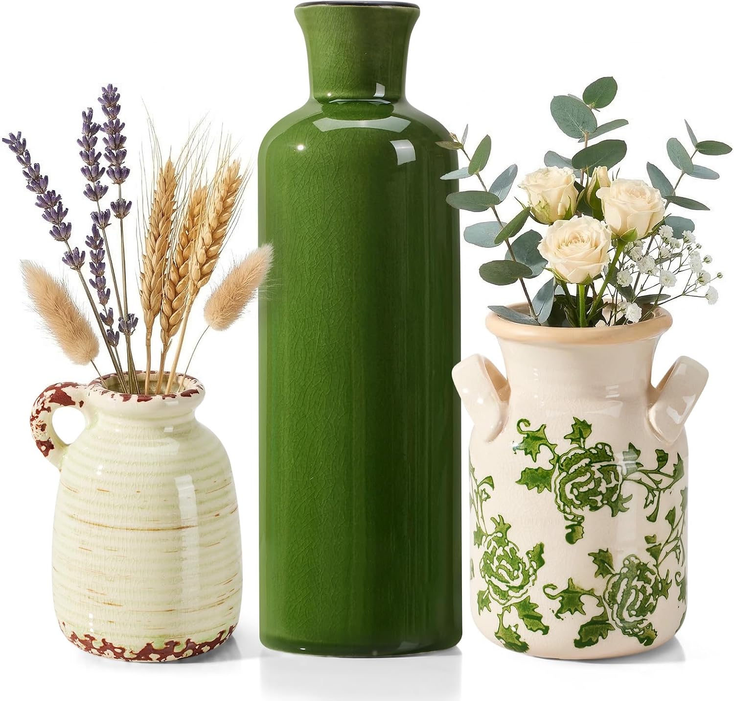 Ceramic Vases Set of 3,Farmhouse Vintage Rustic Boho Decorative Vases with Handles,Green & Beige Modern Neutral Pottery Vases for Table Centerpiece,Living Room,Mantel,Kitchen,Shelf,Entryway&Home Decor