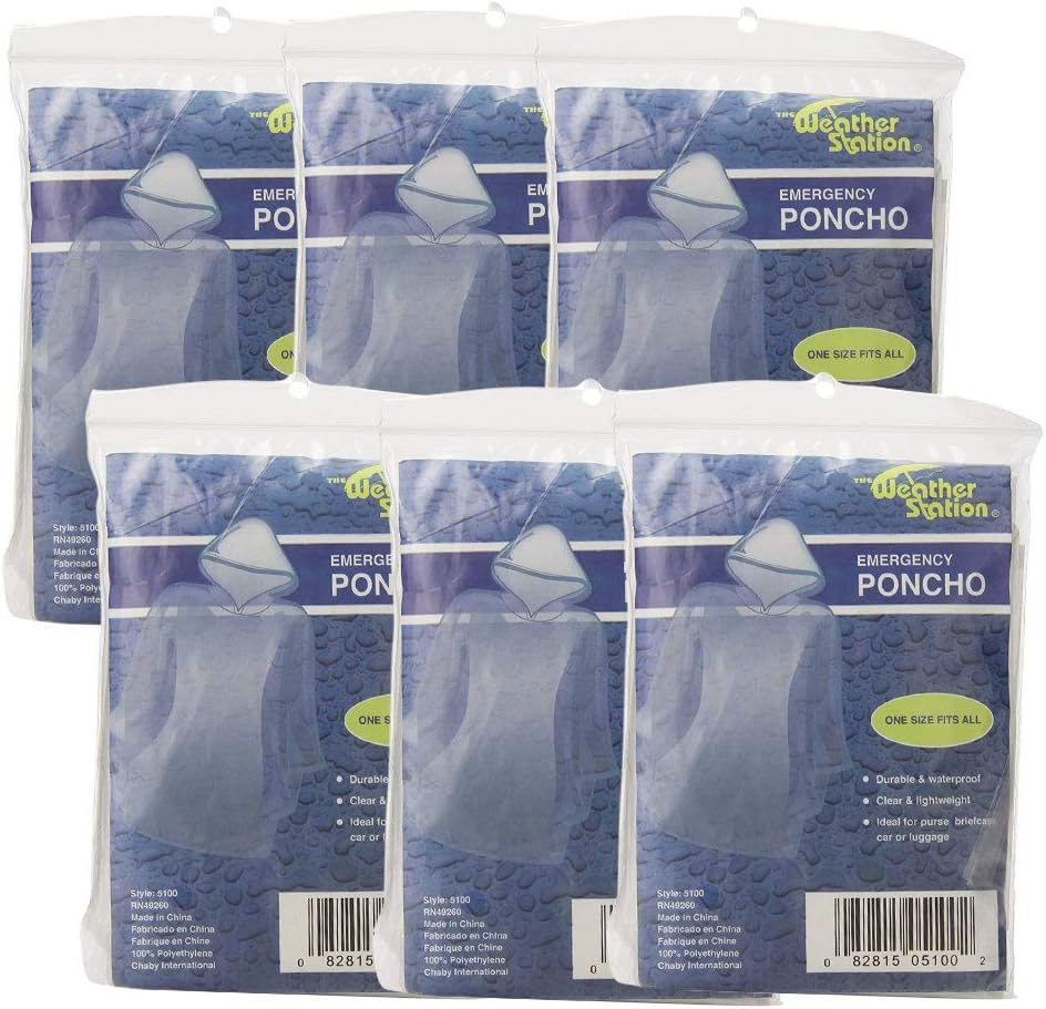 The Weather Station Waterproof Emergency Poncho With Hood, 6-pack