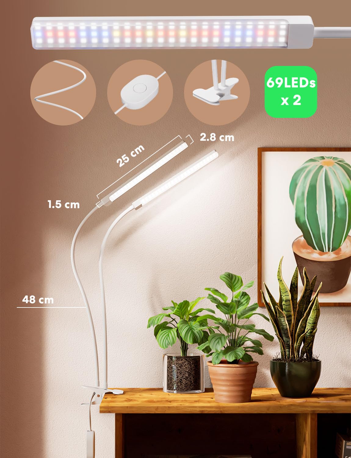 Smart Lampade per Piante a Spettro Completo a LED 2 Teste, a 138 LED da 2500lm con Programmazione, Accesso Remoto, Luce di Crescita Dimmerabile per Piante da Interno, Piante da Appartamento