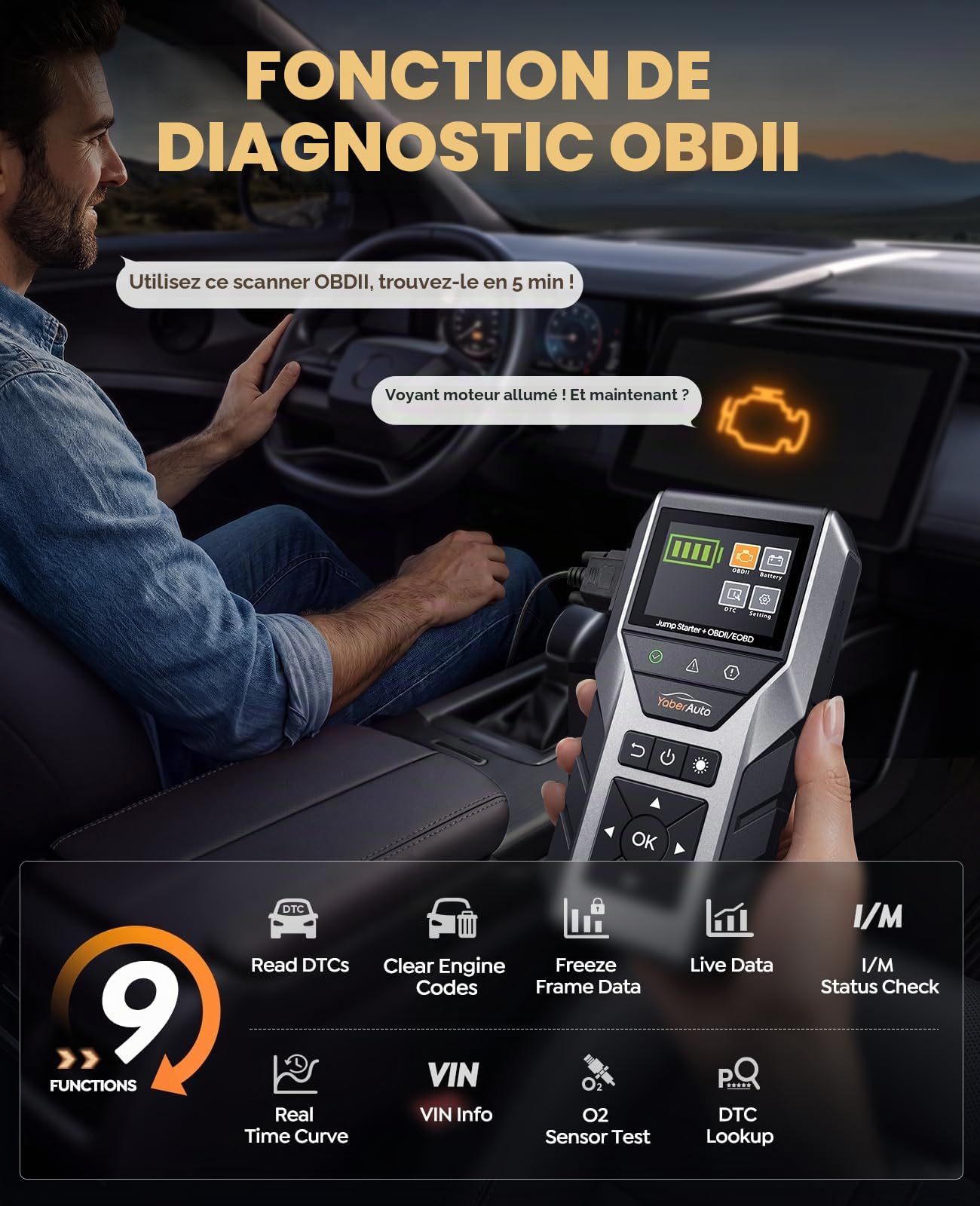 YaberAuto Booster Batterie Voiture 6000A avec Valise Diagnostic OBD2 et Testeur de Batterie, Batterie Externe de Démarrage 16800mAh pour Tous Moteurs Essence et Diesel 10,0 L, Lampe LED, Câbles Inclus