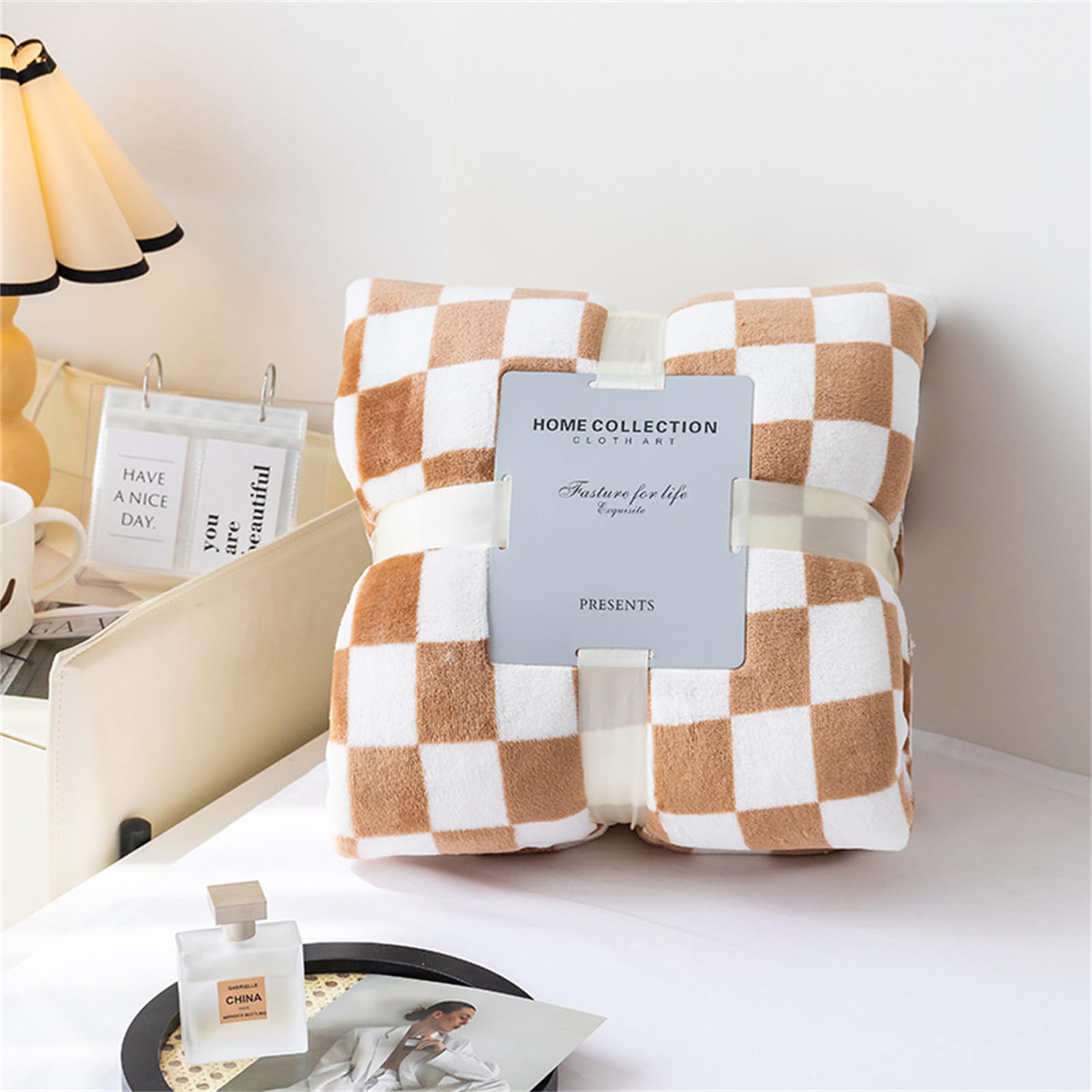 Highdi Winter Blankets and Throws for Sofa Beds, Checkerboard Soft Warm Sofa Throw Fluffy Cozy Bed Throws Fleece Throw Blanket for Kids Adults Bedroom Couch Travel (70 * 100CM,Khaki)