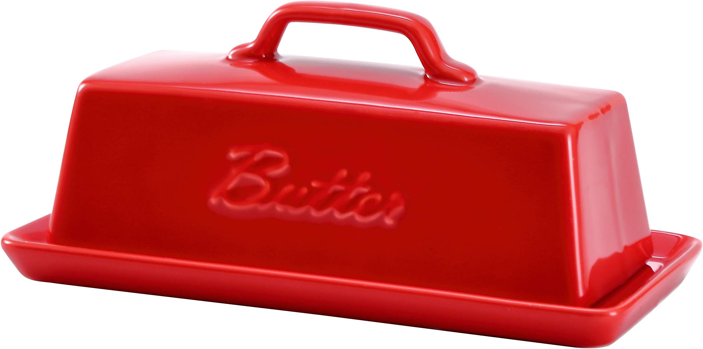 Ceramic Butter Dish With Lid. Butter Holder/ Tray/ Storage With Lid And Handle. Porcelain Butter Keeper For Countertop. Butter Dish With Cover in Red Color.