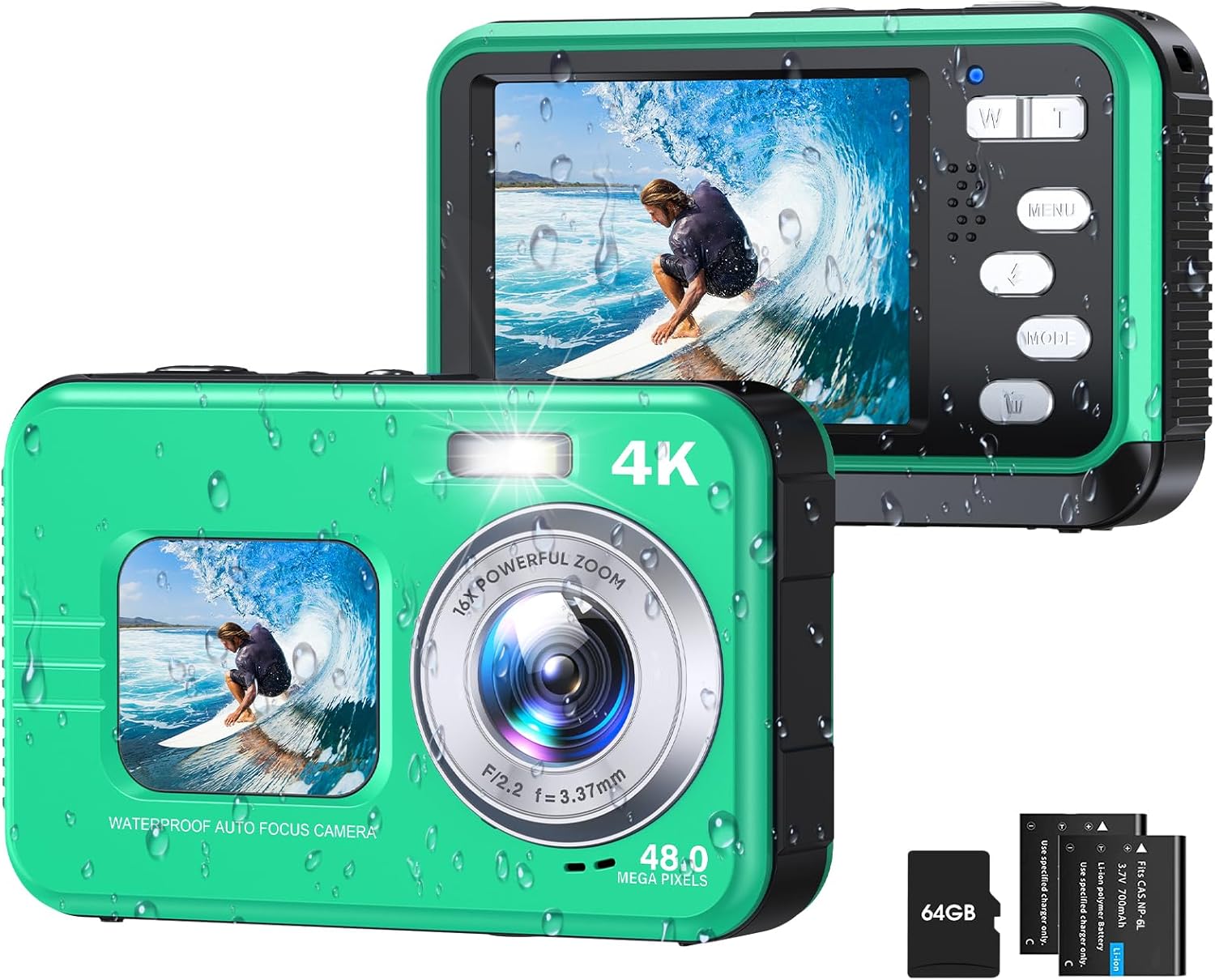 Underwater Camera, Selfie Dual Screens 4K 48MP 11FT Autofocus Waterproof Digital Camera for Snorkeling,16X Zoom, 64GB Card, 2 Batteries, Fill Light (Green)