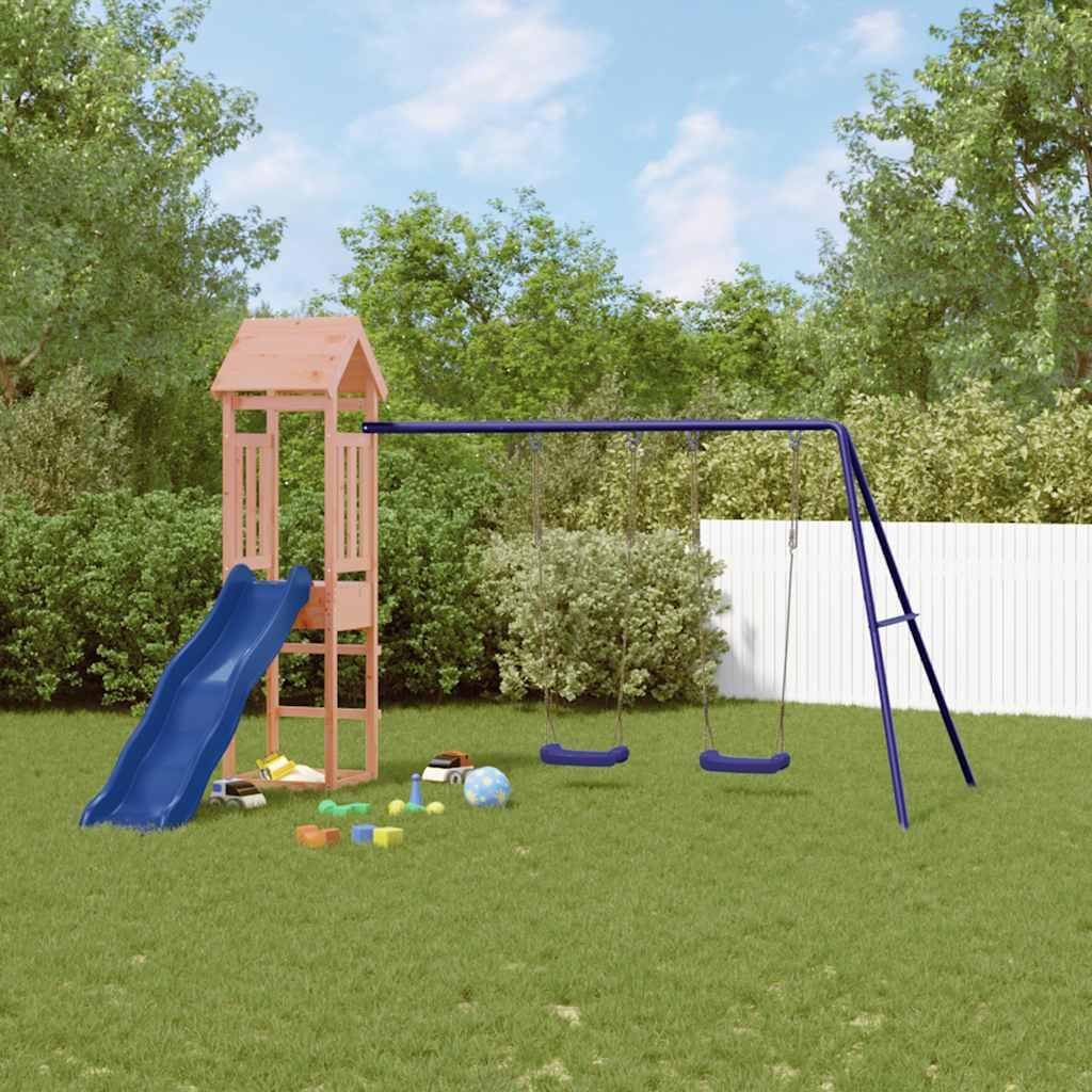 Torre de juego de madera maciza Douglas, juguete de jardín con columpio doble, columpio ondulado, caja de arena y estructura de escalada para niños, juguete exterior estable para aventuras en