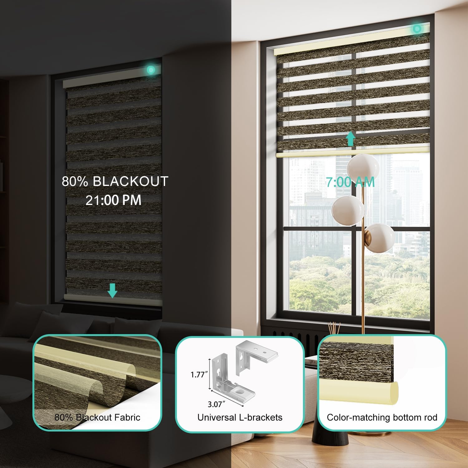 Motorized Zebra Blinds with Remote [Privacy Light Control] 80% Blackout Smart Shades for Windows in Home & Office, Compatible with Alexa Google and HomeKit, Customized Size, Texture Brown