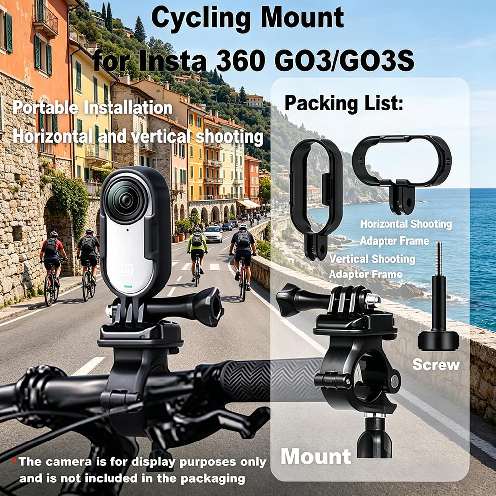Support vélo dédié pour appareil photo Insta 360 GO 3S/3, avec cadre adaptateur, aucun accessoire supplémentaire nécessaire, rotatif à 360° et antidérapant (pour GO3S/3)