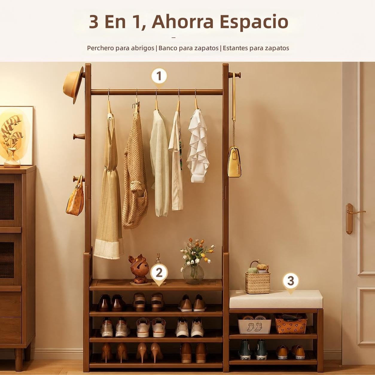 Árbol de Entrada con Perchero, Sombrero y Banco de Zapatos, Mueble de Madera Maciza, Zapatero para casa o vestidor