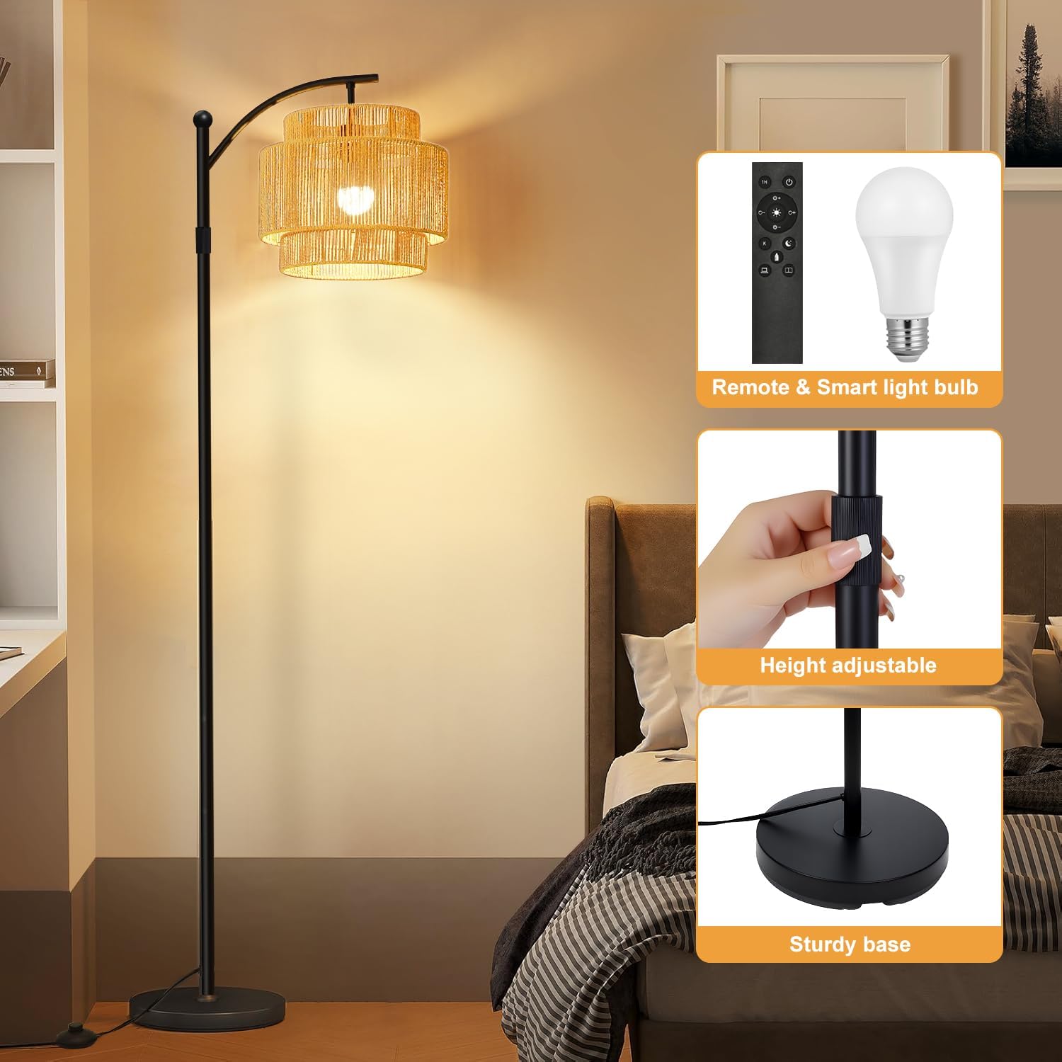 Vinaco Adjustable Height Floor Lamp Rattan 3 Color Temperature,Dimmable Tall Boho Floor Lamps with Remote & Foot Switch, Rotating Lamp Shade Wicker Arc Standing Lamp for Living Room Bedroom Lights